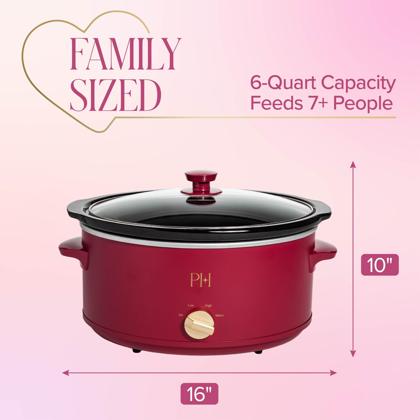 Paris Hilton 6-Quart Manual Slow Cooker, Naturally Nonstick Stoneware Ceramic Insert, Three Settings (Low, High, Warm), Dishwasher Safe Family Size Slow Cooker, Berry