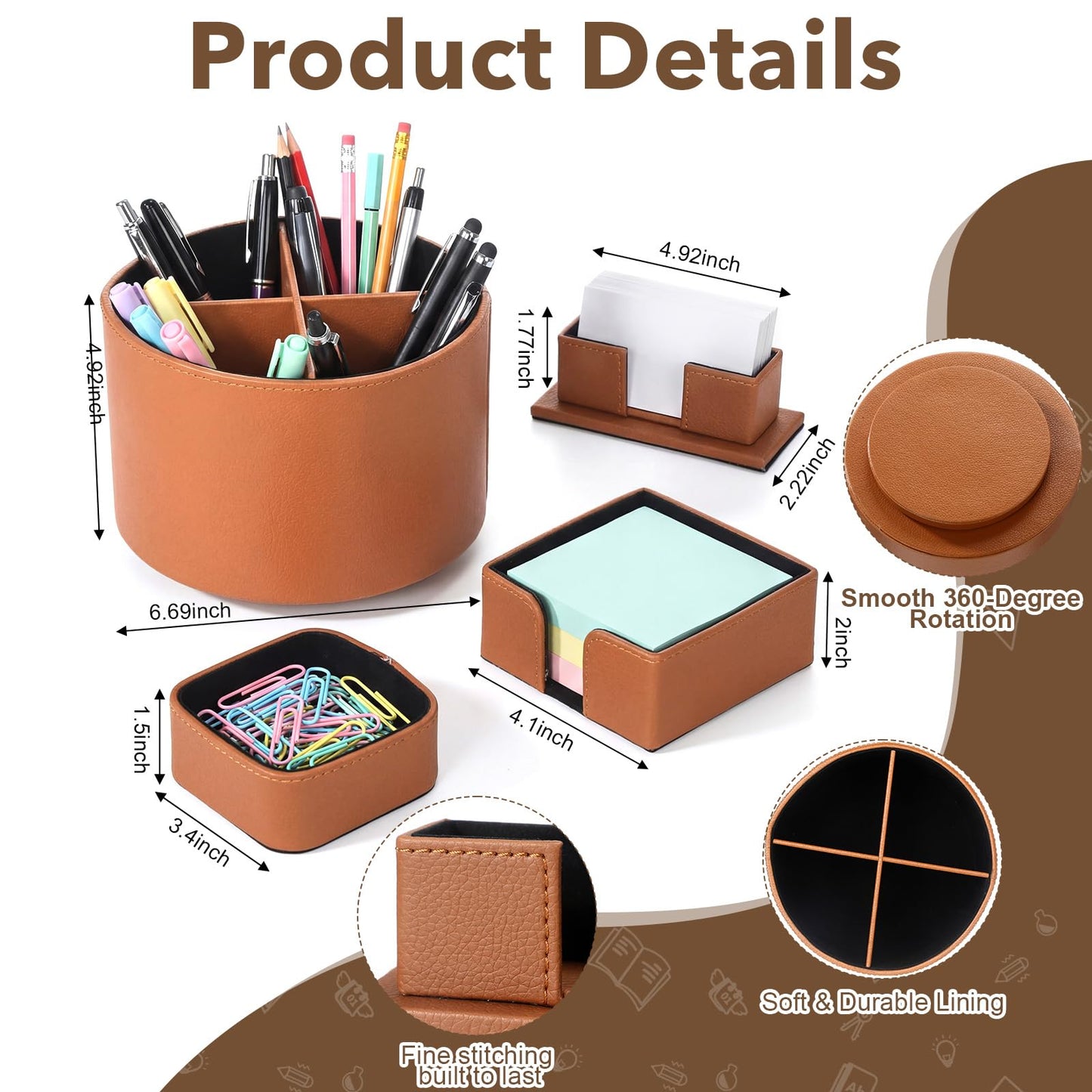 YooNotee 4 Pcs Rotating Leather Pen Holder Organizer Office Desk Accessories Set with Business Card Sticky Note Holder Paperclip Storage Desktop Storage Supply for Teacher Back to School Gift(Brown)