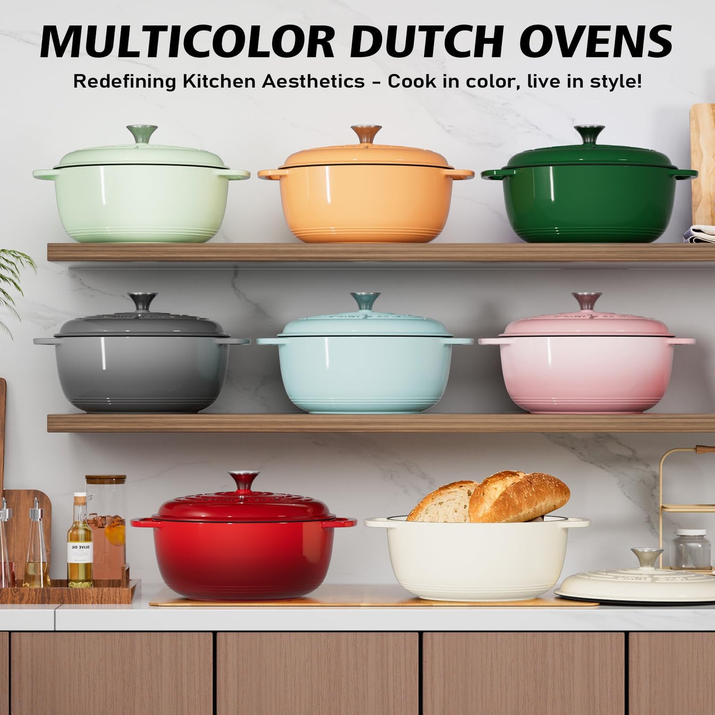 Enameled Cast Iron Dutch Oven - Umite Chef 6QT Pot with Lid & Cotton Potholders - Dual Handles -Versatile Heavy Duty Cookware for Bread Baking, Braising, Stews, Roasting(Grey）