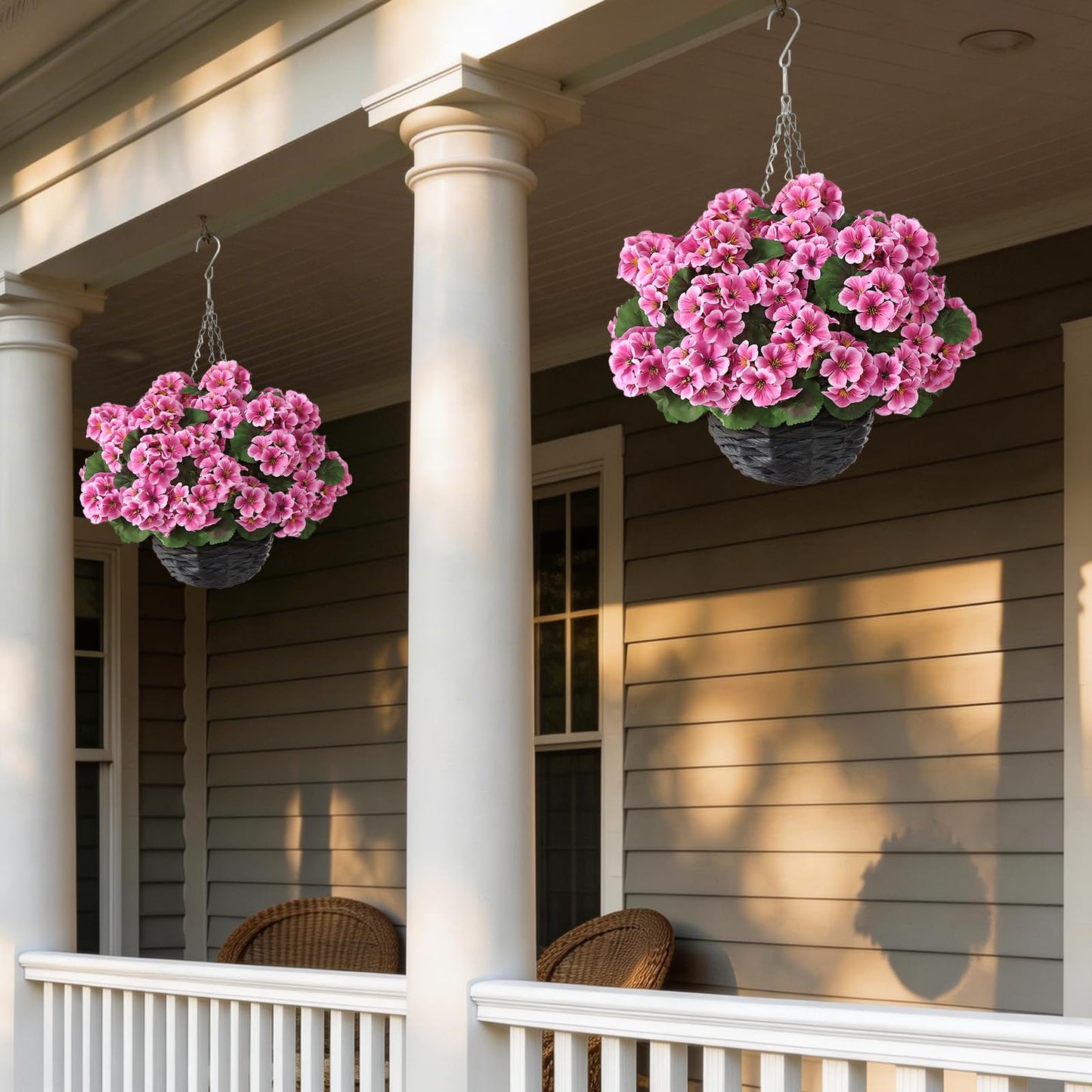 GLIDLION 2 Set Artificial Geraniums Flowers with Hanging Baskets for Outdoors - Sun Resistant Silk with Geranium Flowers, Fake Hanging Planters for Front Porch Garden Patio Home Decor (Pink)