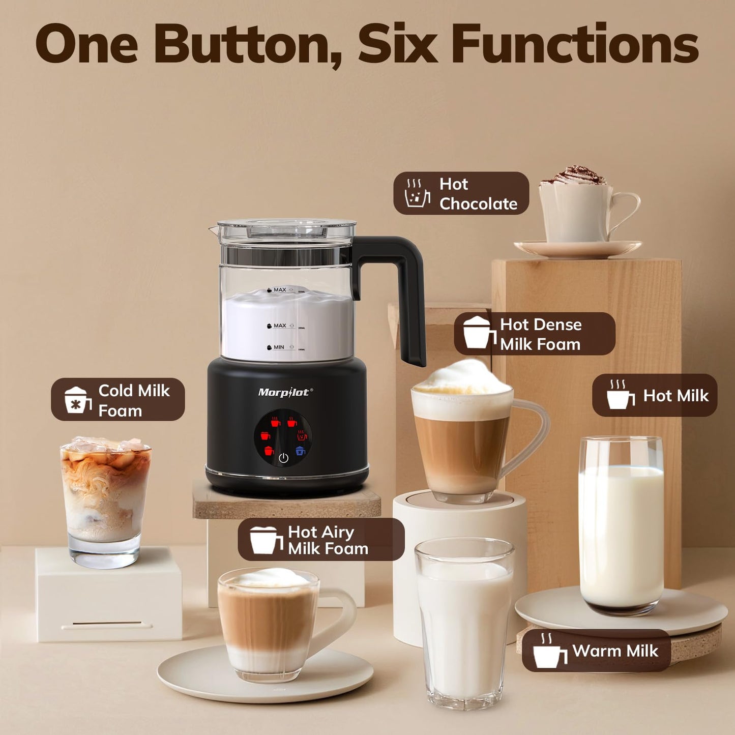 Large Electric Milk Frother and Steamer, 16.9oz/500ml Milk Steamer and Frother for Latte or Hot Chocolate, Dishwasher Safe, BPA Free, 6 Functions, Enjoy Perfect Milk Froth in 2 Min (Black-Glass)