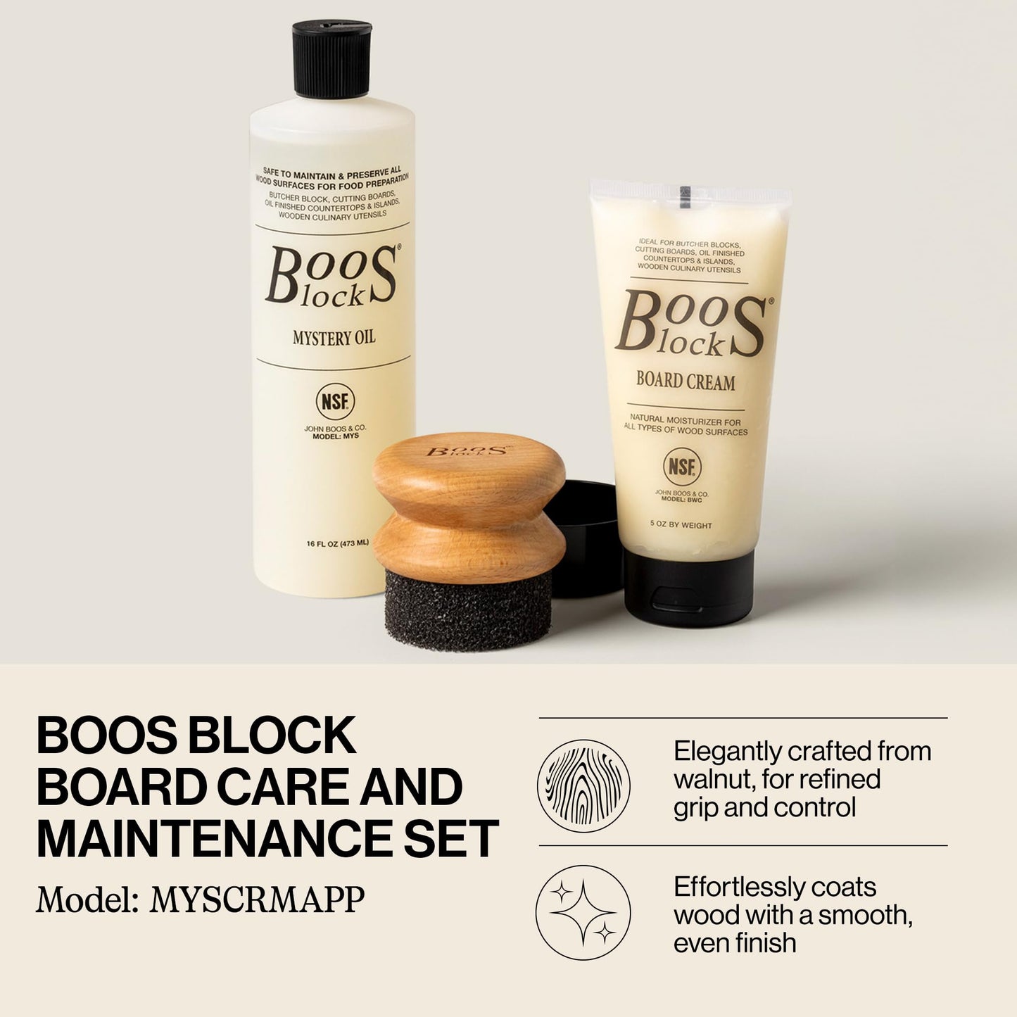 John Boos 3-Piece All-Natural Care & Maintenance Set - 16 oz Mystery Oil, 5 oz Board Cream & Round Applicator for Butcher Blocks, Cutting Boards, Wood Countertops, and Wooden Utensils