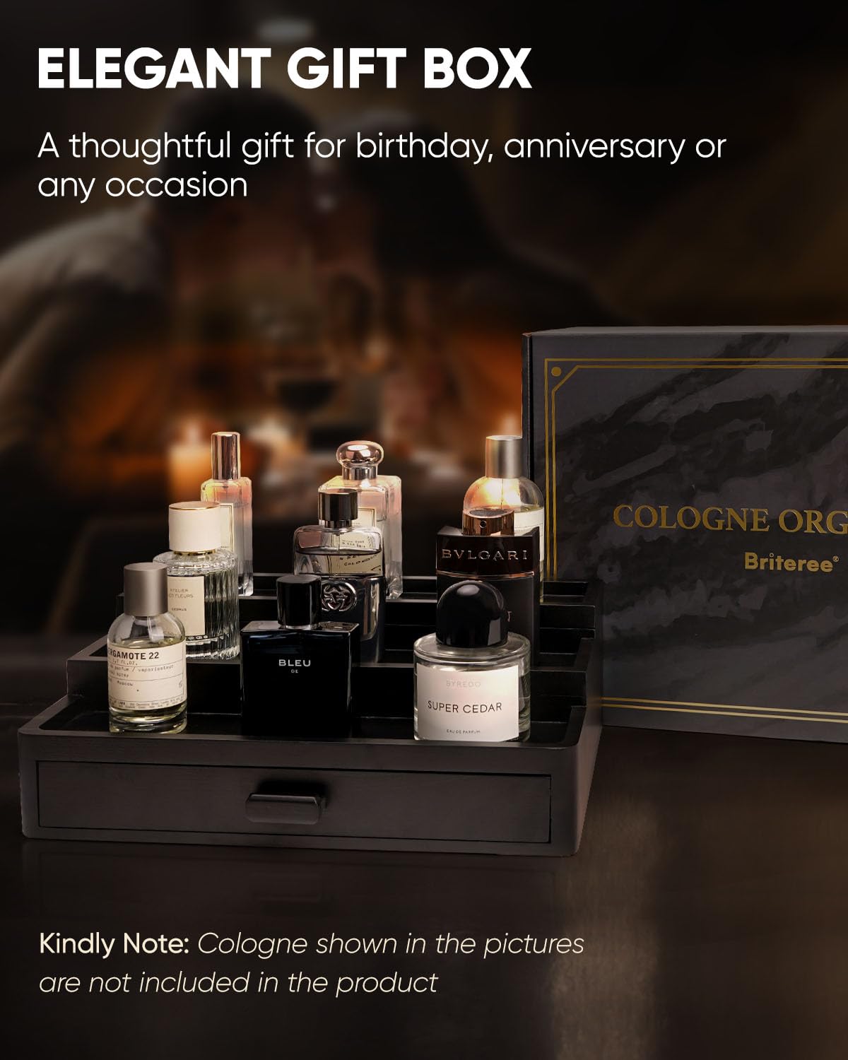 BRITEREE Cologne Organizer for Men, 3 Tier Wooden Cologne Stand with Drawer Storage and Hidden Compartment, Perfume Display Holder for Dresser, Great Gifts for Him Dad Fathers Day, Black
