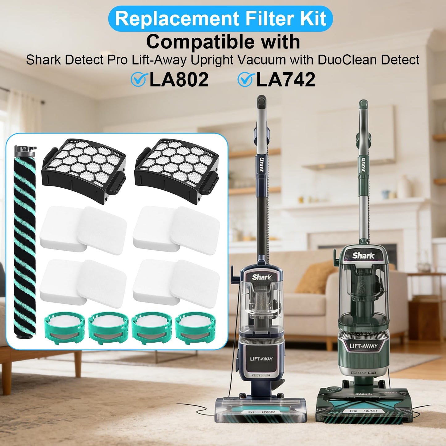 LA802 Filter for Shark Detect Pro Lift-Away ADV Bagless Upright Vacuum LA802 LA742, Complete Maintenance Kit with 1 Soft Roller Brush, 2 HEPA Filter, 4 Foam & Felt, 4 Odor Neutralizer Cartridge