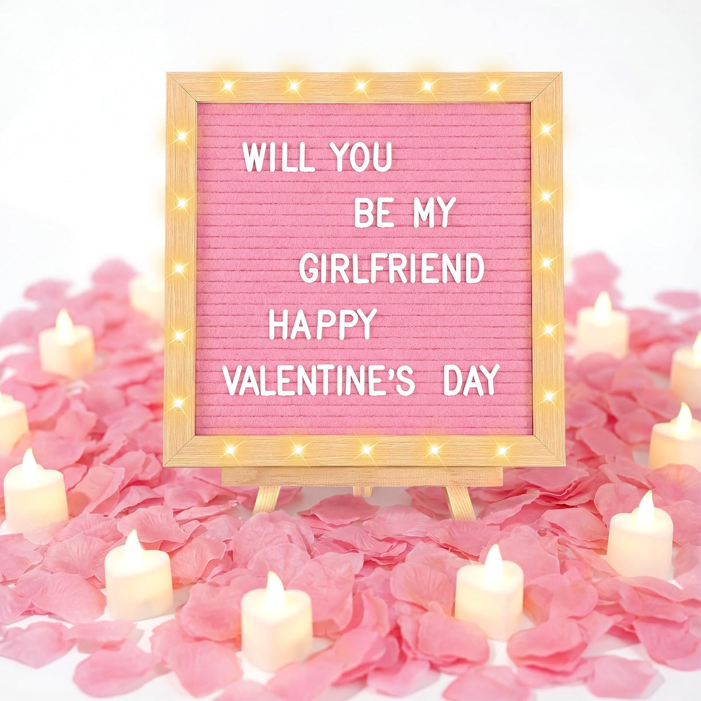 Ceenna Will You Be My Girlfriend Romantic Sign with LED Candles and Artificial Rose Petals, Valentine's Day DIY Felt Letter Wood Board Sign with Lights for Valentine's Day Anniversaries Party(Pink)