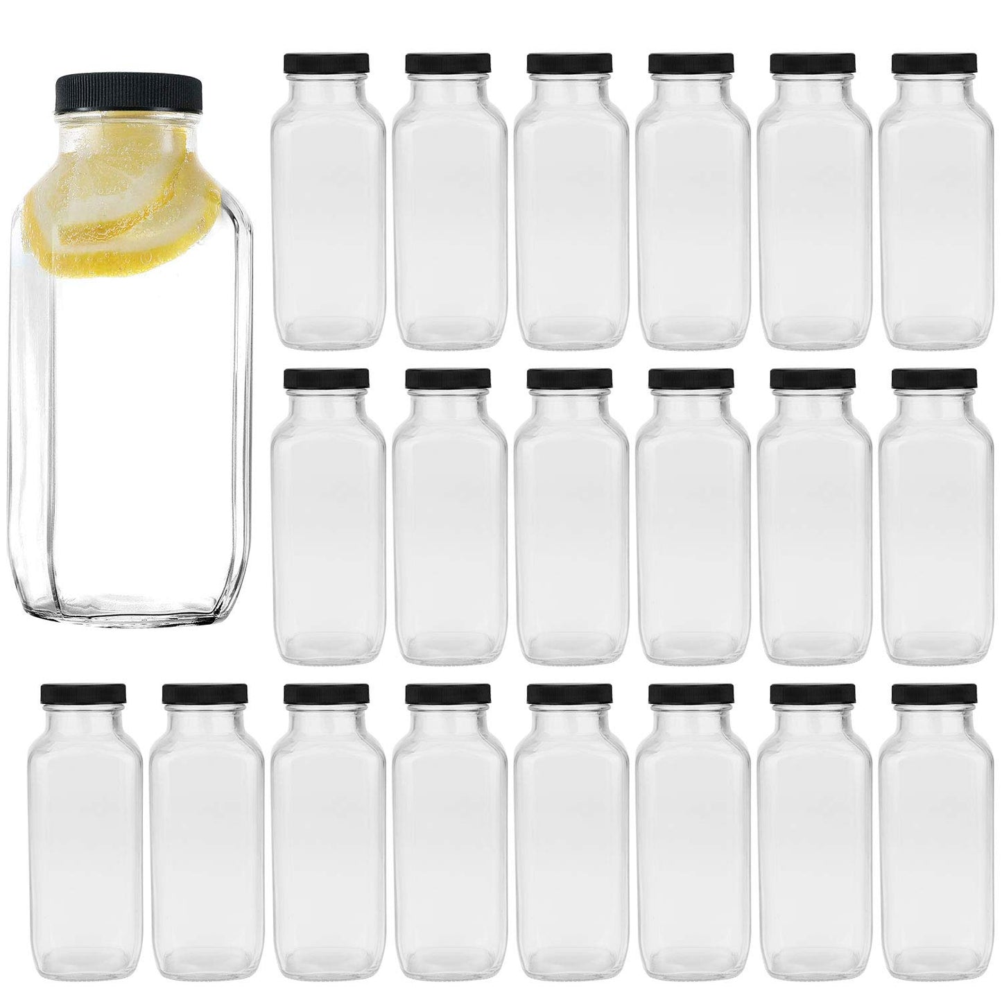 Encheng Vintage Water Bottles,Glass Drinking Bottles 16oz,Square Beverage 500ml With Lids For Kombucha,Tea,Glass Homemade Drinks,Travel Reusable Milk Juiceing 20Pack