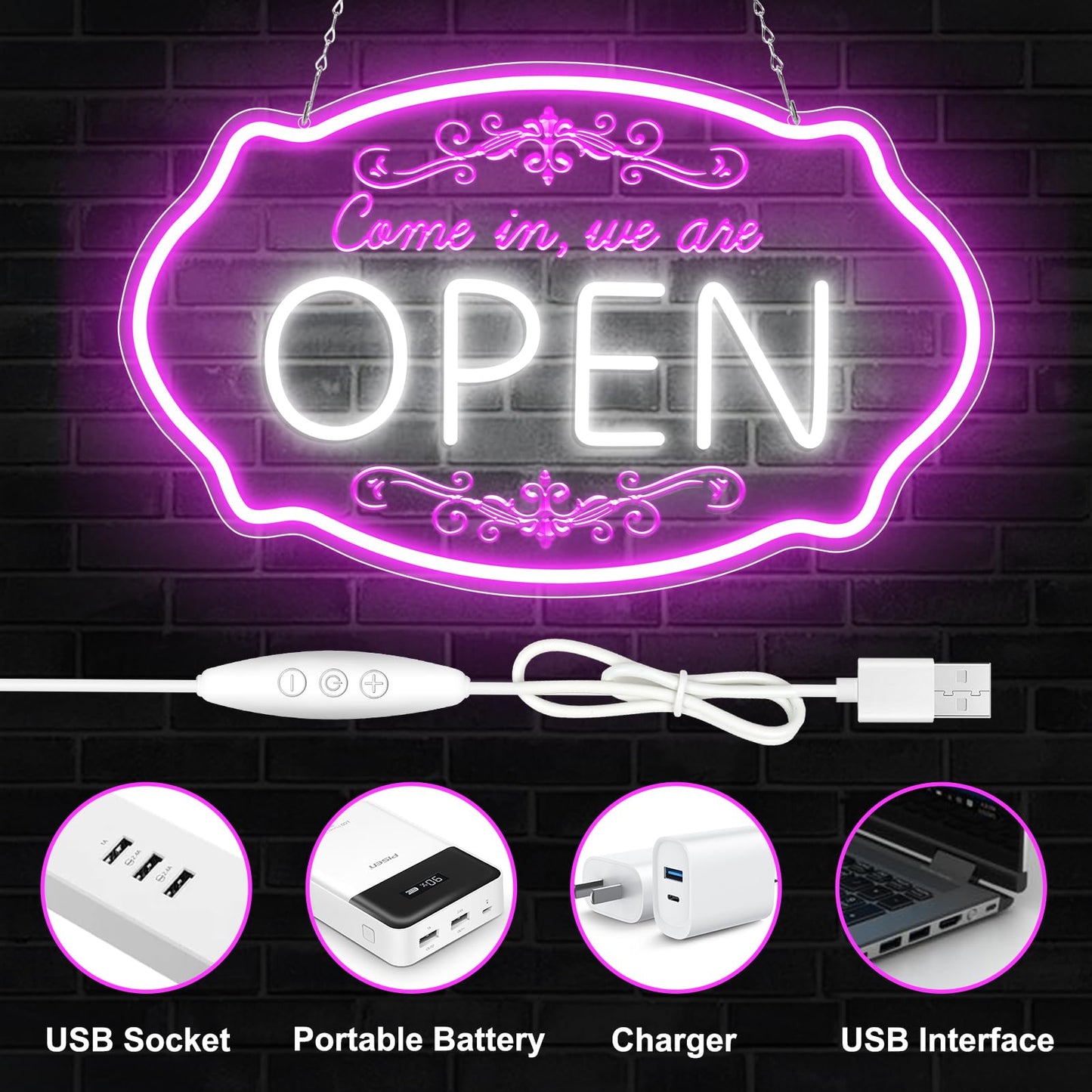 LED Neon Open Sign for Business, 16.5x10'' Come in We’re Open Sign, Pink&White Adjustable Brightness Neon Lights for Party, Bar, Salon, Stores, Hotel, Wall Decor, Clubs, Hotels
