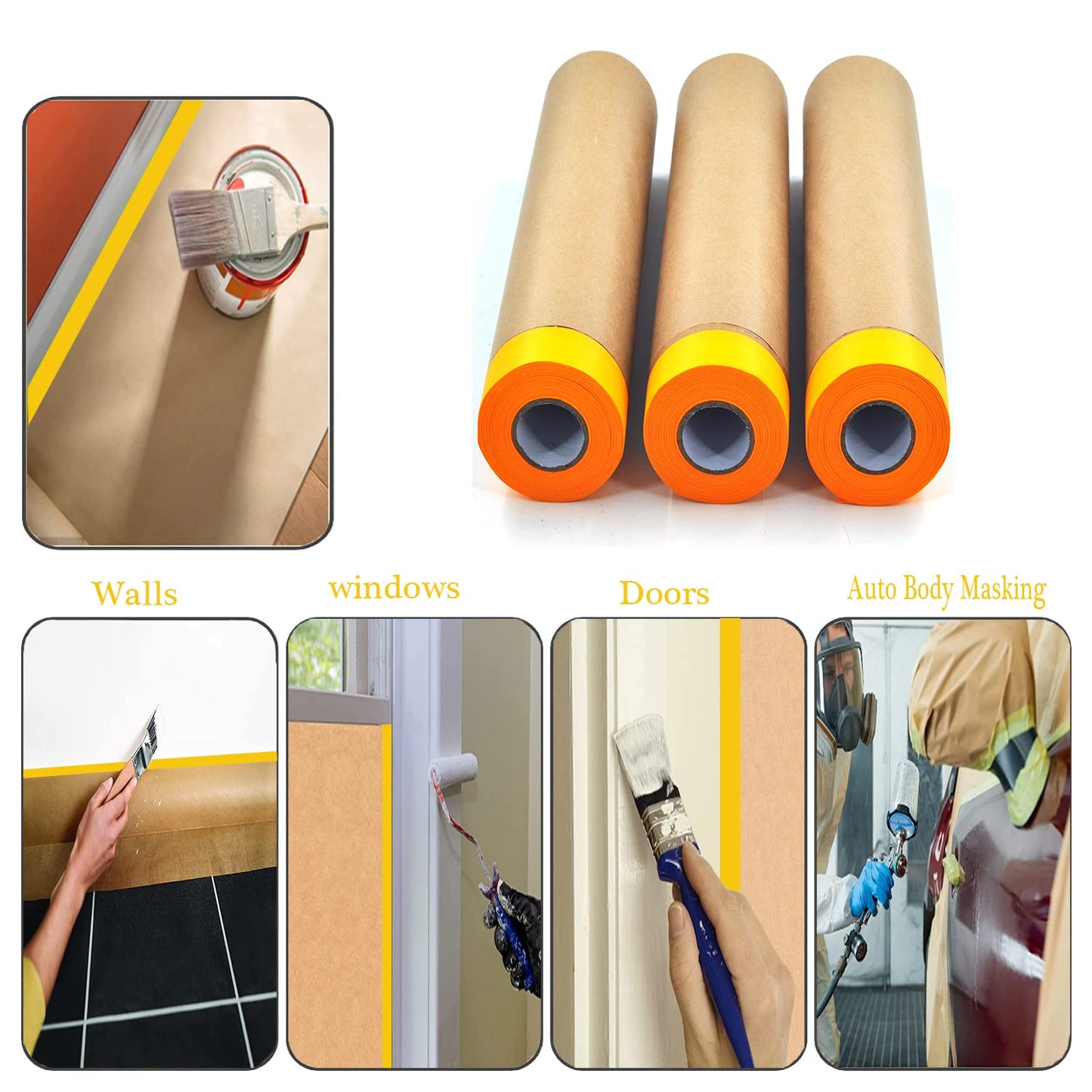 YOUMEIYUAN Pre-Taped Paint Masking Paper and Masking Tape Sets, 22inch-50feet Painters Paper and Painters Tape, Automotive Paint Paper, Tape and Drape Waterproof for Painting Protection Covering (6)