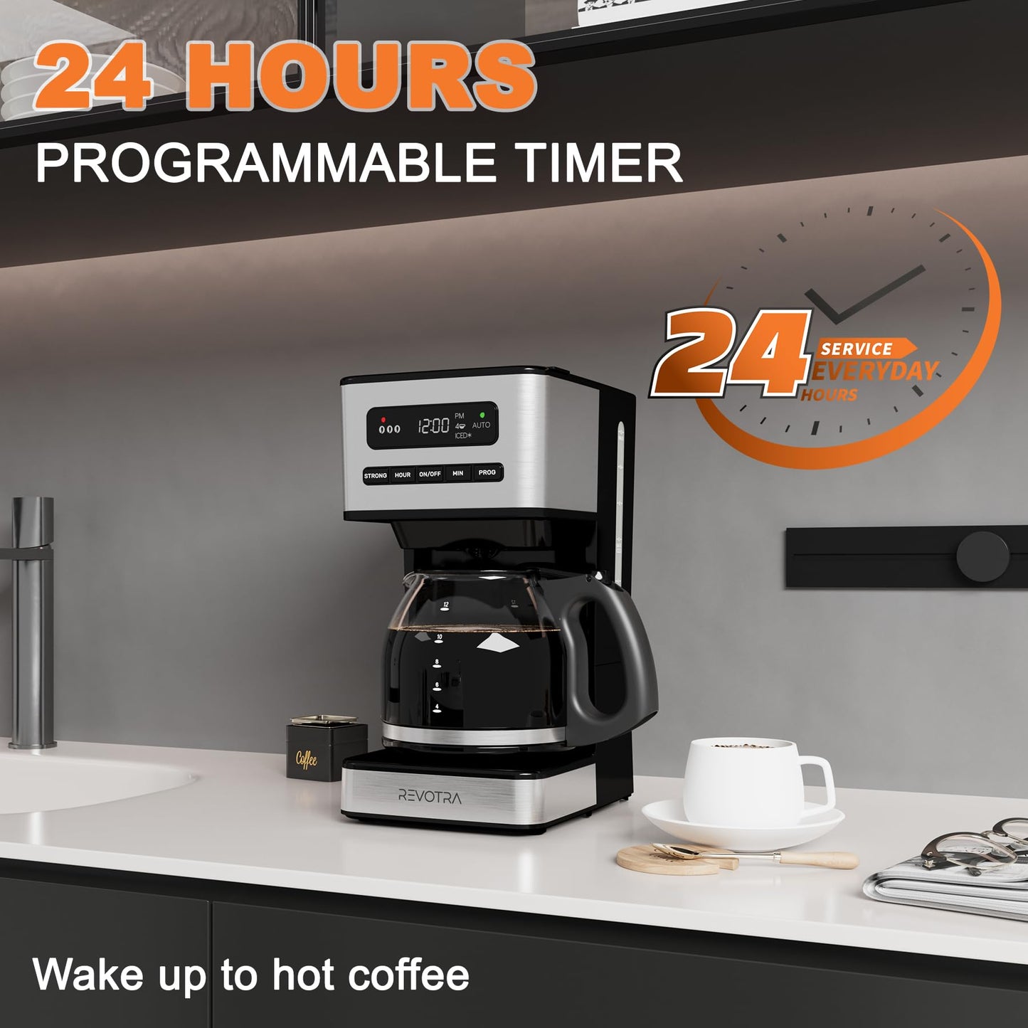 REVOTRA 12 Cup Programmable Coffee Maker, Hot and Iced Coffee Makers, Regular & Strong Brew Drip Coffee Machine, 1-4 Cup, 24H Timer, Auto Shut-Off, Keep Warm, Pause & Serve