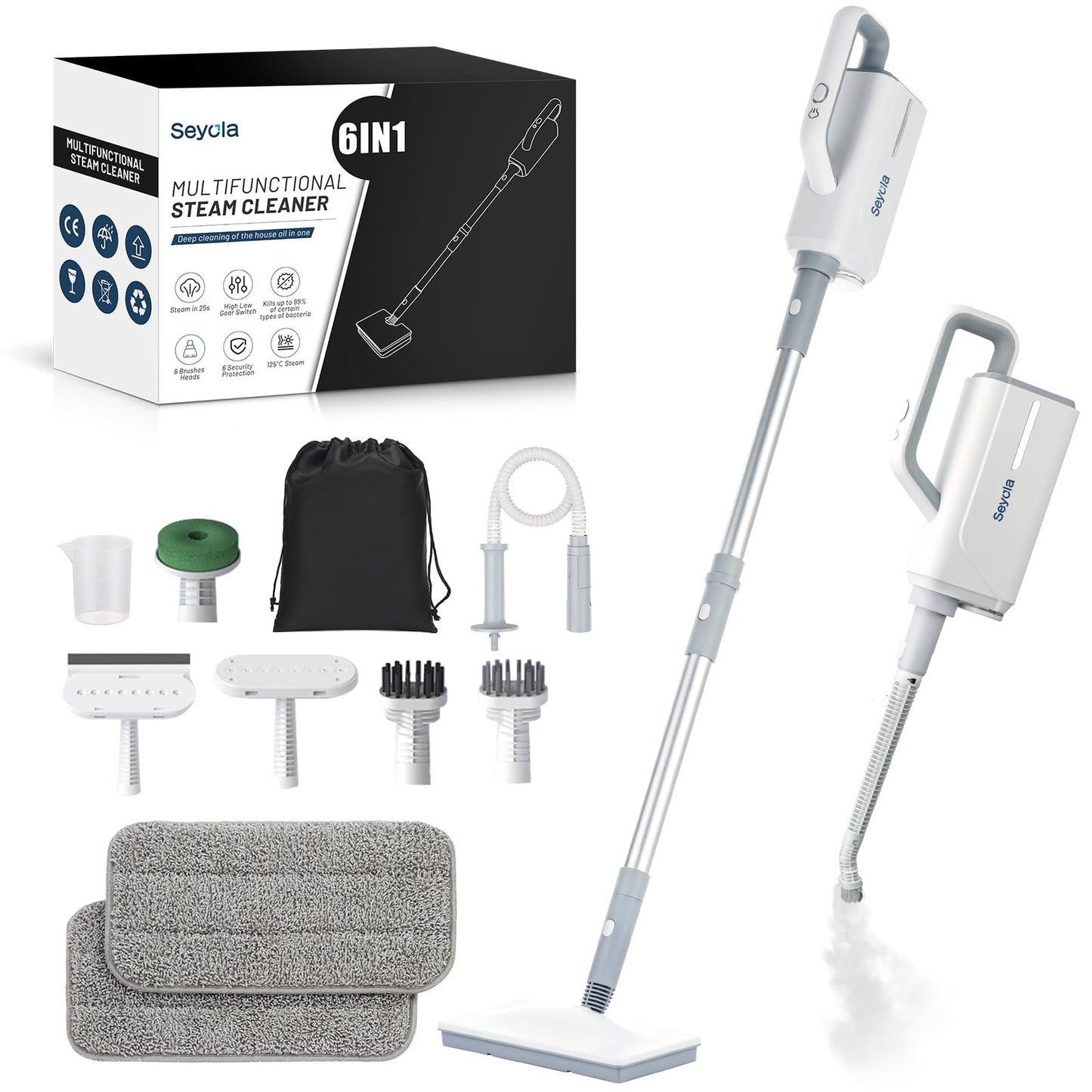 Seyola Steam Mop for Floor Cleaning, Steam Cleaner for Home with Handheld 6-in-1 Multi-function Attachments for Hardwood Floors, Clothes, Windows, Tiles Grout, Furniture Cleaning (White-Gray)