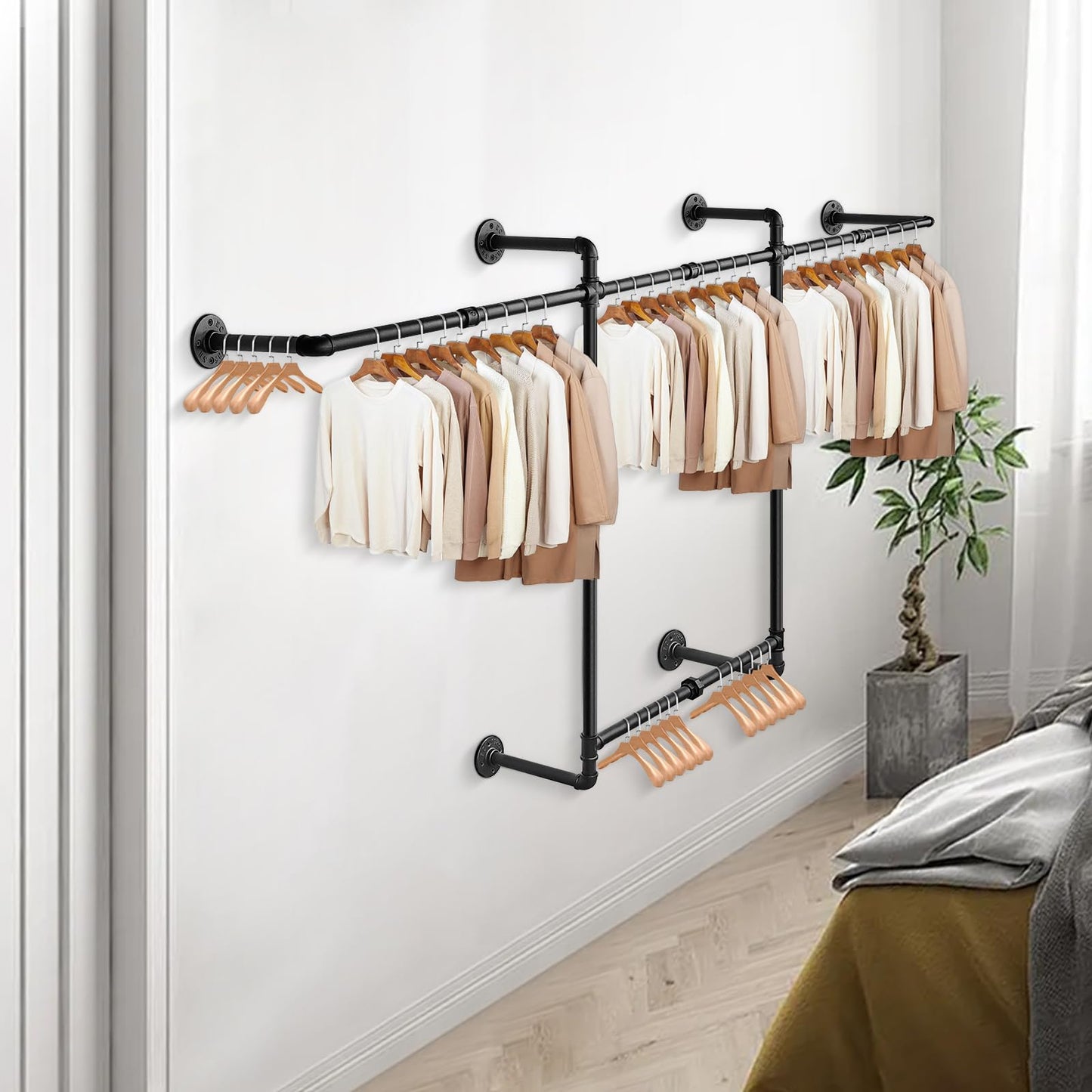 Livabber Industrial Pipe Clothes Rack, Heavy Duty Detachable Iron Garment Rack Wall Mounted, Rustic Saving Space Clothes Bar Multi-Purpose Hanging Rod for Bedroom, Closet, 2 Tier, Black (82 Inch)