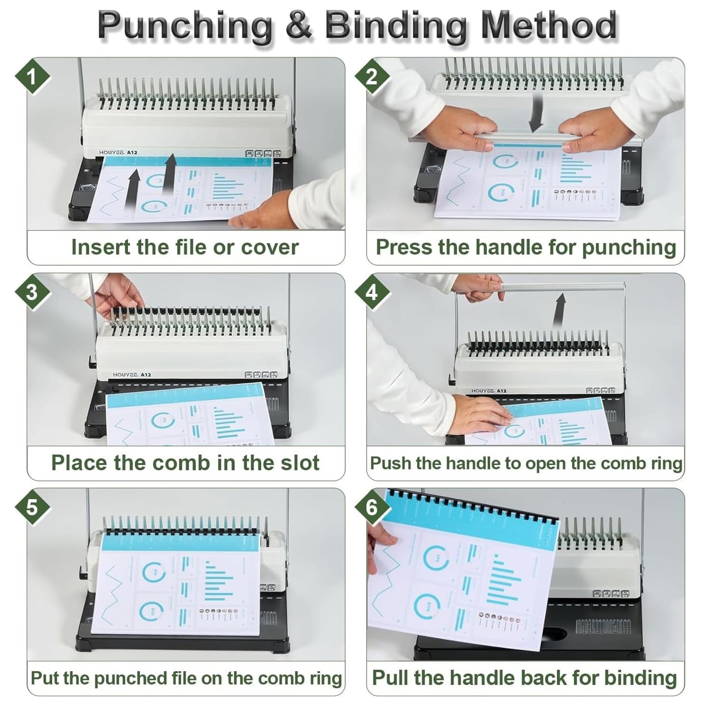 HOUYEE Binding Machine, 19 Holes, 450 Sheets, Comb Binding Machines with 50 PCS 1/2" Comb Binding Spines, Comb Binder Machine for Letter Size Paper，Adjustable Margin