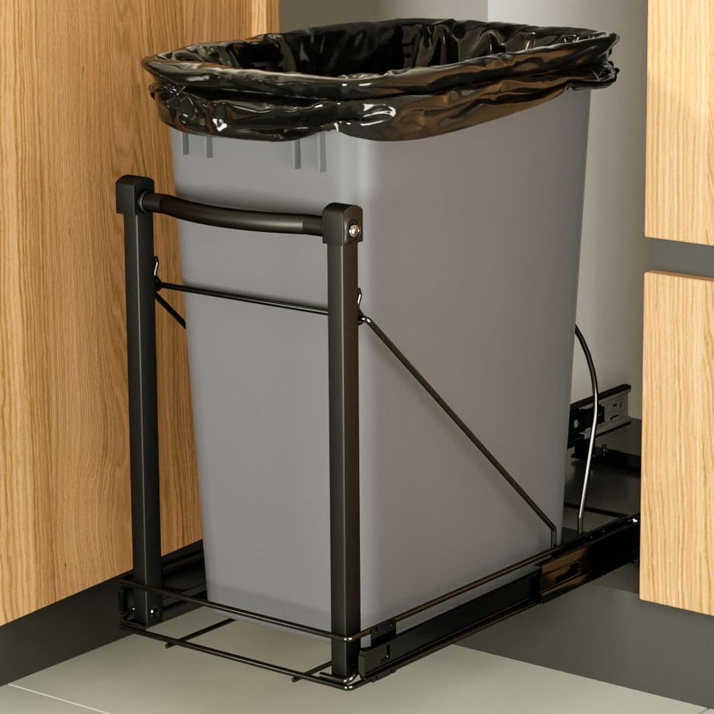 Chenthrall Adjustable Under Cabinet Trash Can Organizer with Soft Close Rail - Heavy Duty Black Steel Under Sink Pull-Out Organizer, Fits 7-13 Gallon, Up to 125 lbs Capacity (Trash Can Not Included)
