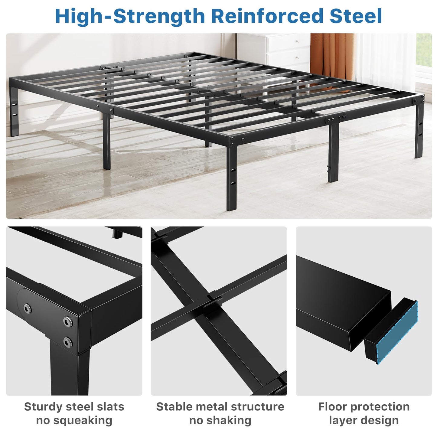 OLIXIS Metal Queen Bed Frame - 14in High with Storage Space, No Box Spring Needed with Sturdy Steel Slat Support, 2200LBS Heavy Duty for Easy Assembly, Black for Bedroom