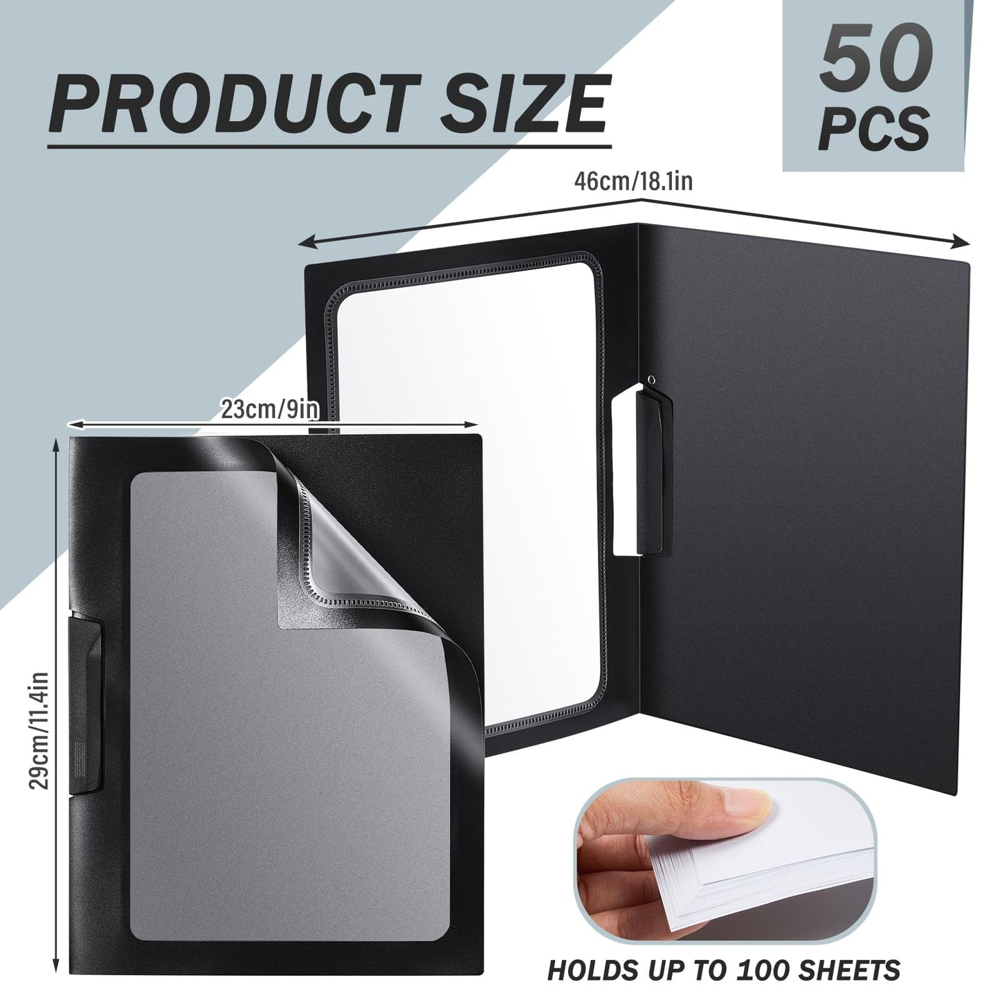 Yeaqee 50 Pcs Clear Report Covers with Clip Sliding Bar Locking Report Folder Cover Plastic Presentation Folders Binder Portfolio for Letter Size Document Paper Resume, Black 9 x 11.4 Inch