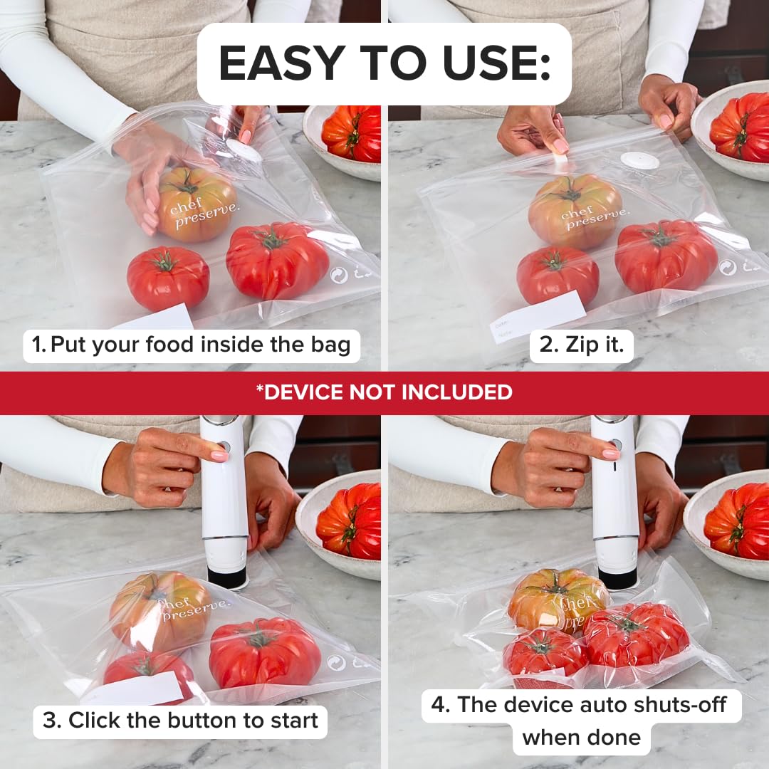 Chef Preserve Reusable Vacuum Sealer Bags for Food - 30 BPA-Free Large (12 x 13 in) Food Storage Bags, Freezer, Microwave - Odor-Resistant, Leak-Proof - Compatible with Chef Preserve Vacuum Sealers