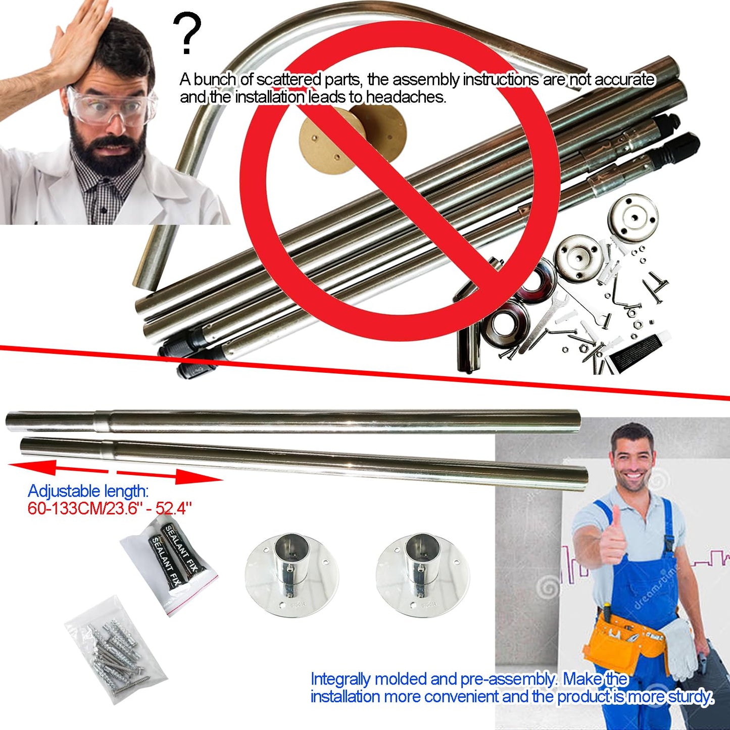 L Shaped Shower Curtain Rod, Adjustable (23.6"-52.4" x 23.6"-52.4"), Corner Shower Curtain Rod, Genuine 304 Stainless Steel, Unsagging, Drill-Free, 90° Corner Design, Includes 12 Shower Curtain Rings