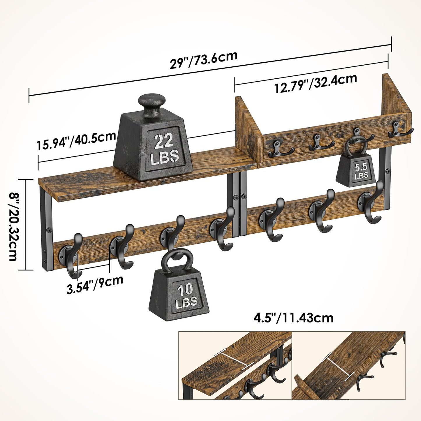 Lewondr Coat Rack Wall Mount with Shelf, 29" Entryway Wall Mounted Shelf with 7 Dual Hooks 4 Key Hooks, Entryway Floating Coat Rack with Mail Holder for Living Room, Bedroom, Vintage Brown