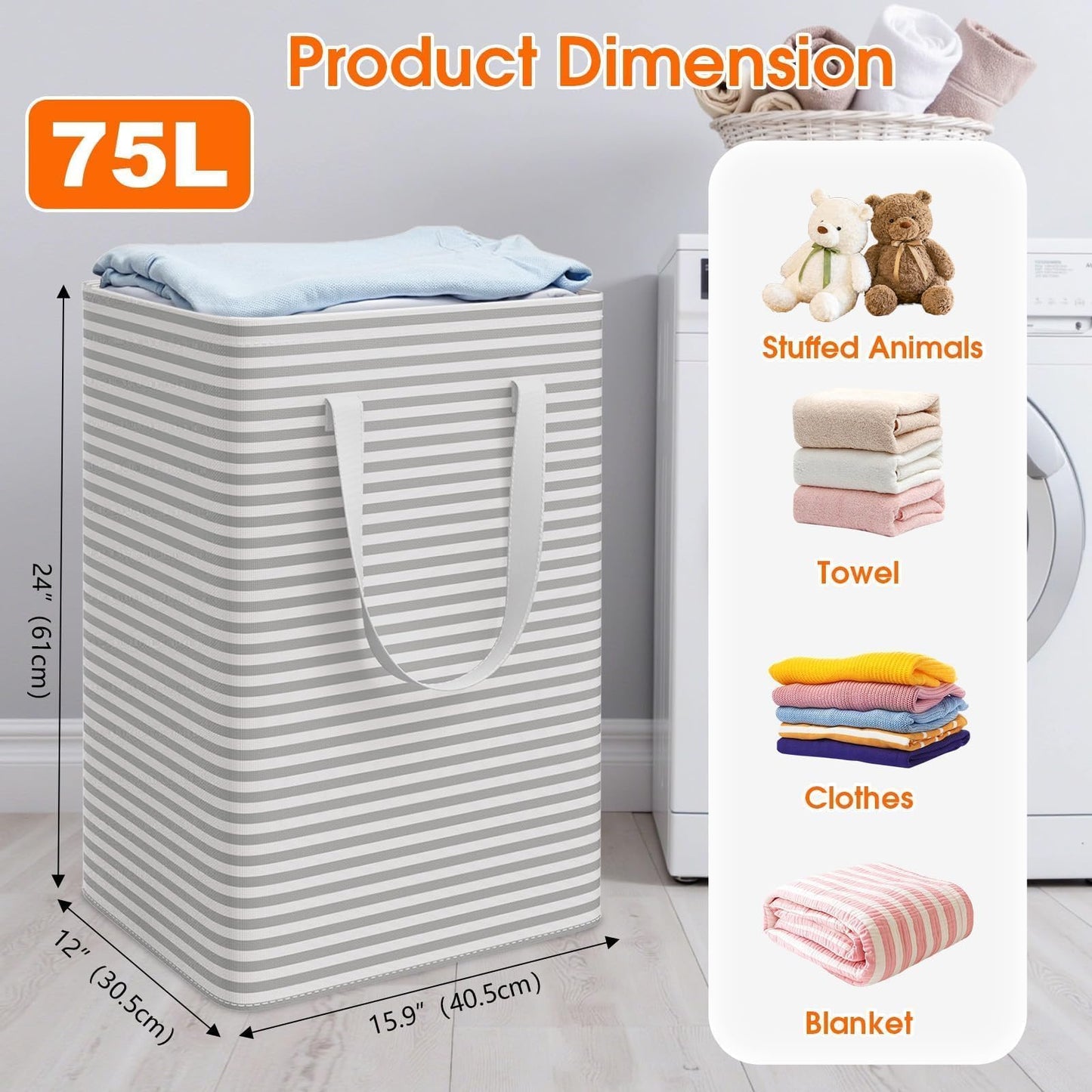 SmartTrends 3 Pack Laundry Basket 75L Each, Waterproof & Freestanding Large Laundry Hamper, Collapsible Clothes Hampers with Easy Carry Handles in Bedroom Bathroom, College Dorm(225L Total, Gray)