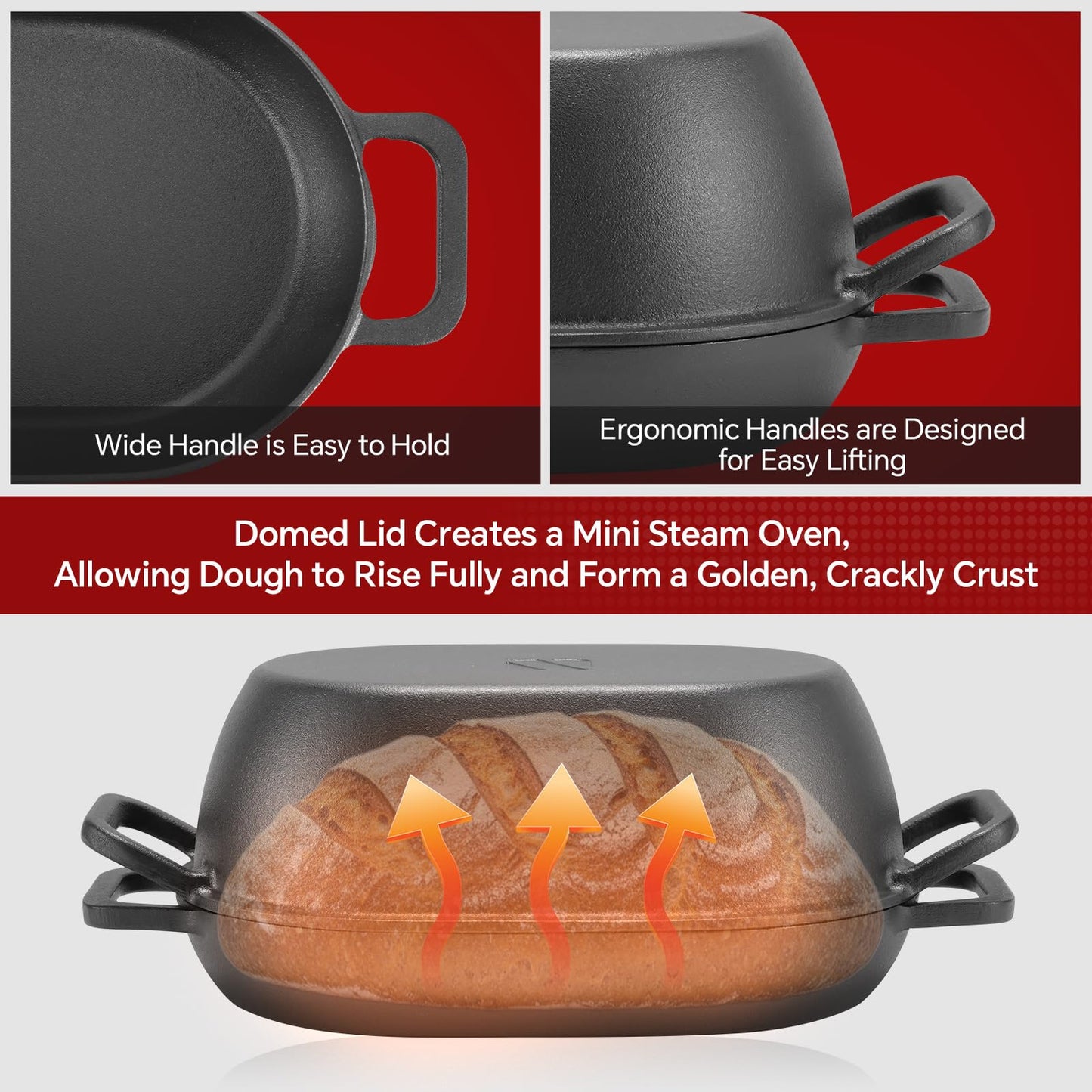 Northriver Casting 12"x8" Oval Cast Iron Dutch Oven for Bread Baking，Pre-Seasoned Combo Cooker with Lid, Perfect for Sourdough, Artisan Loaves & Family Meals,5 Qt
