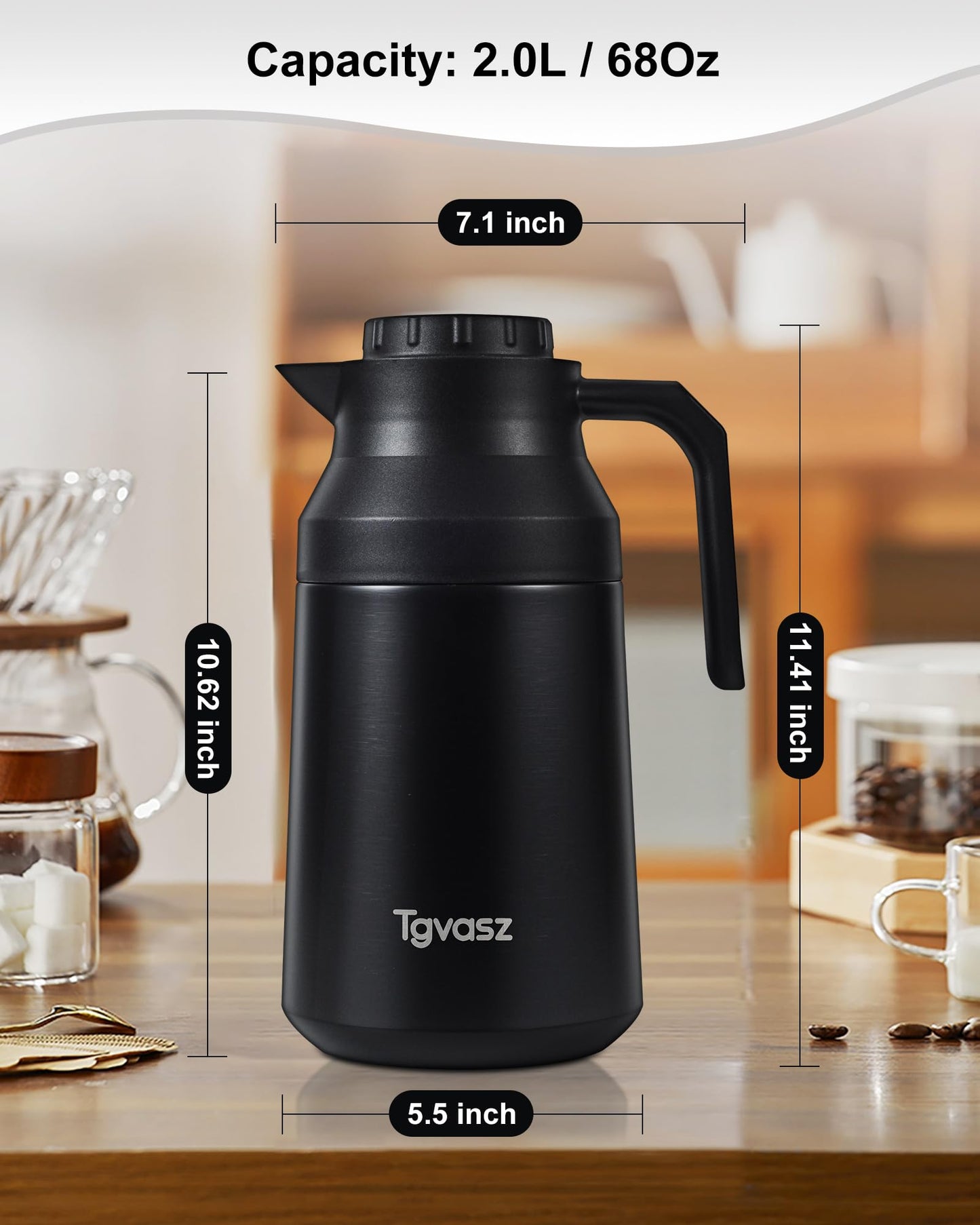 2 PCS Thermal Coffee Carafe Insulated Stainless Steel Coffee Carafe for Hot Liquid Vacuum Thermal Pot Creamer Pitcher Dispenser Keeping Hot Water Milk(Black/Black 68 oz)
