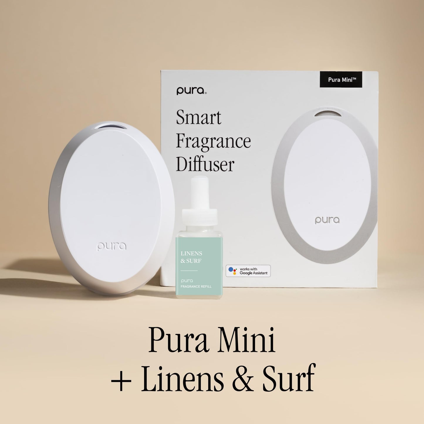 Pura Home Mini Fragrance Diffuser for Small Spaces Adjustable Smart Home Device with LED Light & Automatic Vial Detection - Includes 1 Scent Refill - Linens & Surf