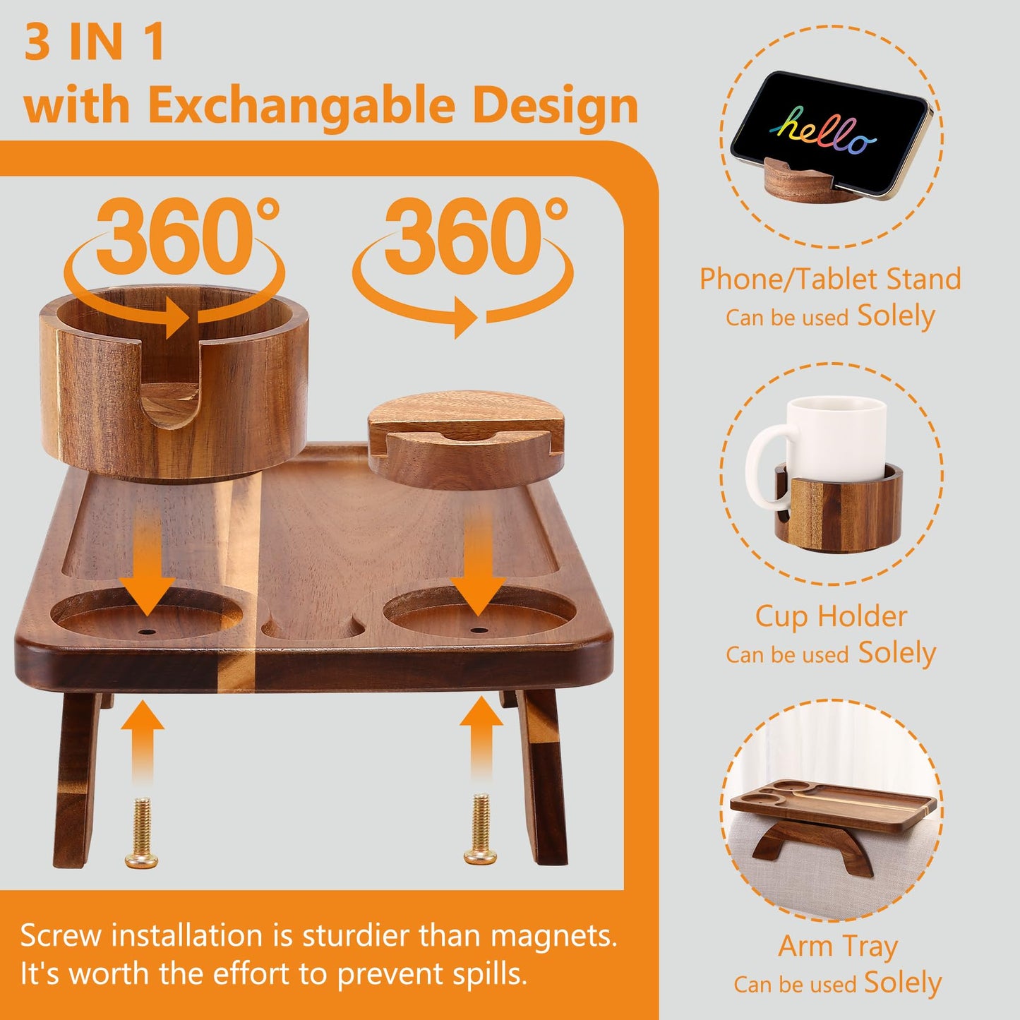 Acanacle Couch Armrest Table Acacia with 360°Rotating Phone & Cup Holders,15.4" x 9.8", 3-in-1 Couch Arm Tray Clip-On Couch Tray for Drinks & Snacks