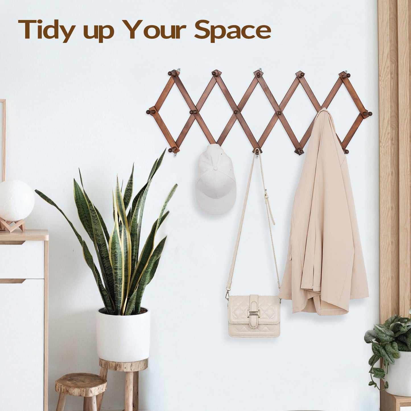 SCUNDA Hat Rack for Wall, Expandable Wall Hat Holder with 16 Hooks, 16 inch Wooden Wall Hook for Baseball Caps,Cowboy, Bag,Hoodie(Brown)