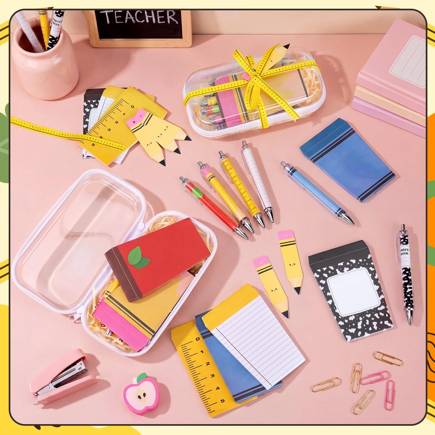 Landhoow 6 Sets Teacher Appreciation Gifts Hard Sided Clear Zipper Case Scroll Pen Sticky Notes Double-Sided Hang Tag Ribbon Measuring Tape for Back to School Gifts Graduation Party Favors