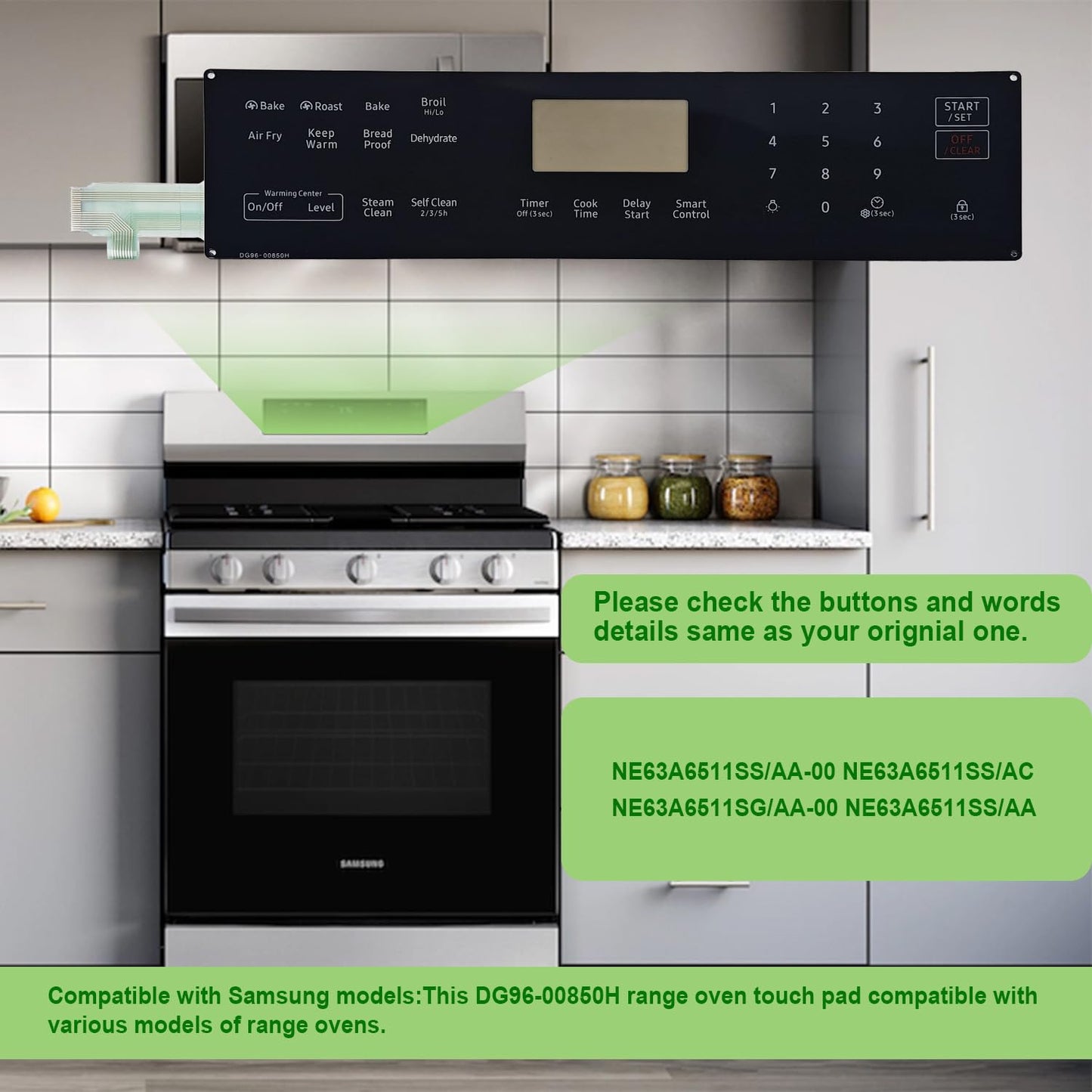 Upgraded DG96-00850H Range Membrane Switch Touchpad Control Panel Compatible with Samsung Gas Ranges Ovens NE63A6511SS/AA-00,NE63A6511SS/AC,NE63A6511SG/AA-00,NE63A6511SS/AA