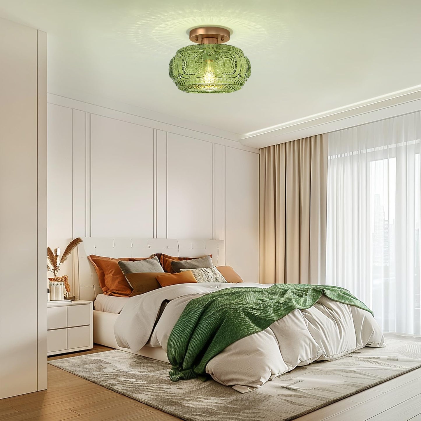 OYKYOHEI Semi Flush Mount Ceiling Light, Green Globe Glass Ceiling Light Fixture, Art Deco Kitchen Lighting fixtures Ceiling for Hallway Porch Corridor Bedroom, Bulb Not Included