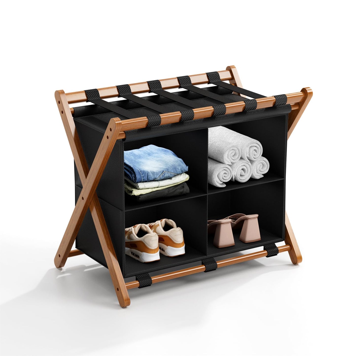 MHACVVO Bamboo Luggage Rack with 4 Storage Compartments, Foldable Suitcase Stand for Guest Room, 150lbs Capacity, Sturdy, Space-Saving and Easy to Assemble Organizer