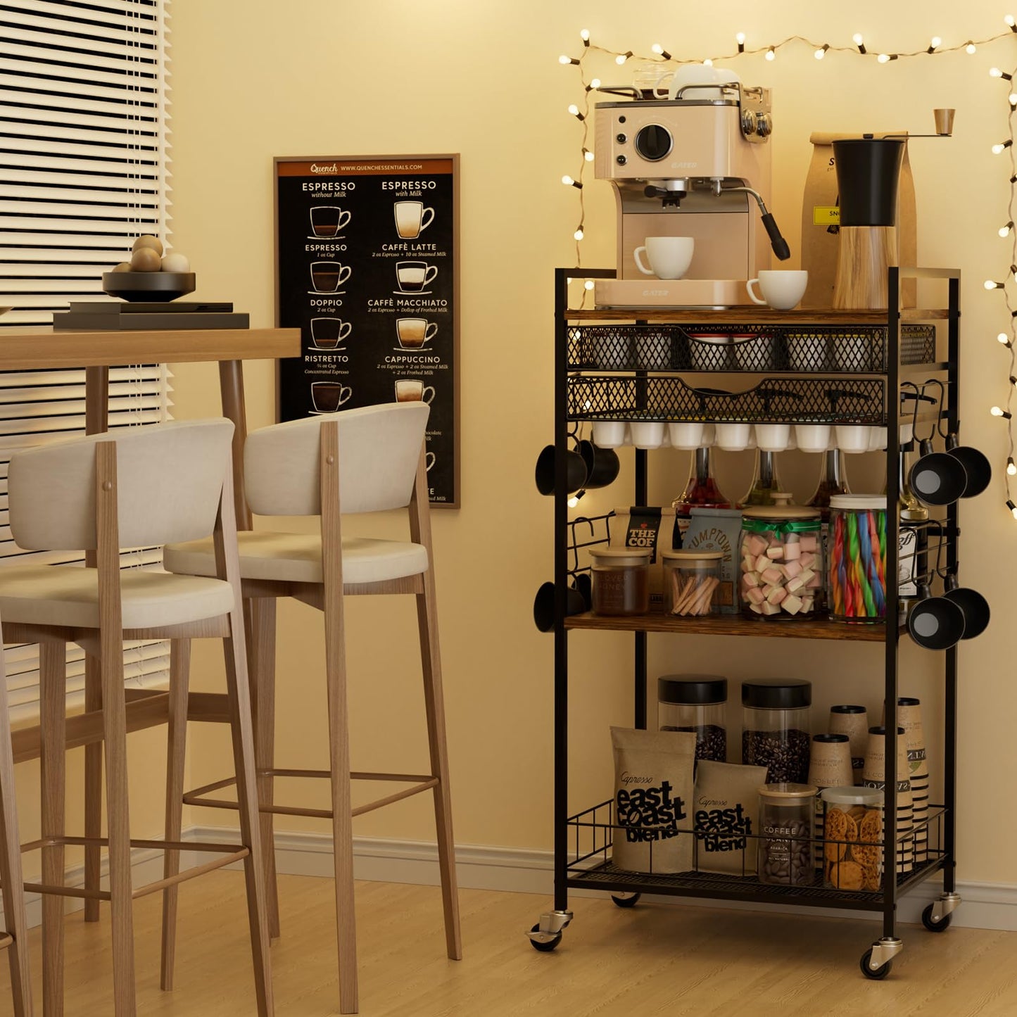 Homsorout Coffee Bar Station with Storage Drawer - 5 Tier Coffee Table Countertop Organizer for K Cups, Tea Bags, Sugar Storage and Kitchen Cabinets (Brown)