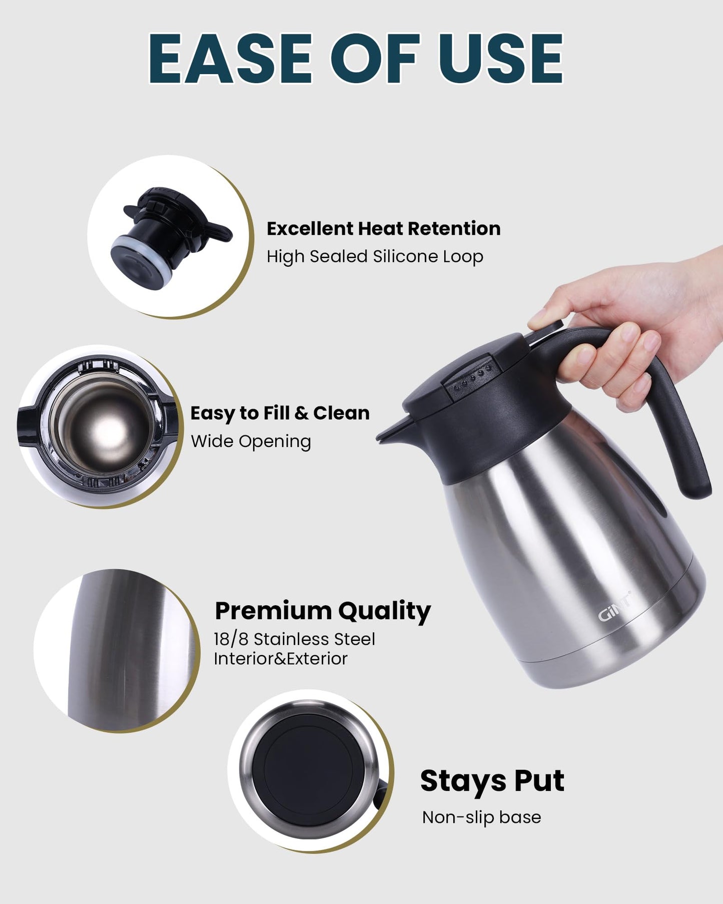 GiNT 34Oz Thermal Coffee Carafe, Insulated Stainless Steel Coffee Carafes for Keeping Hot/Double Walled Vacuum Coffee Carafe (Silver, 1L)