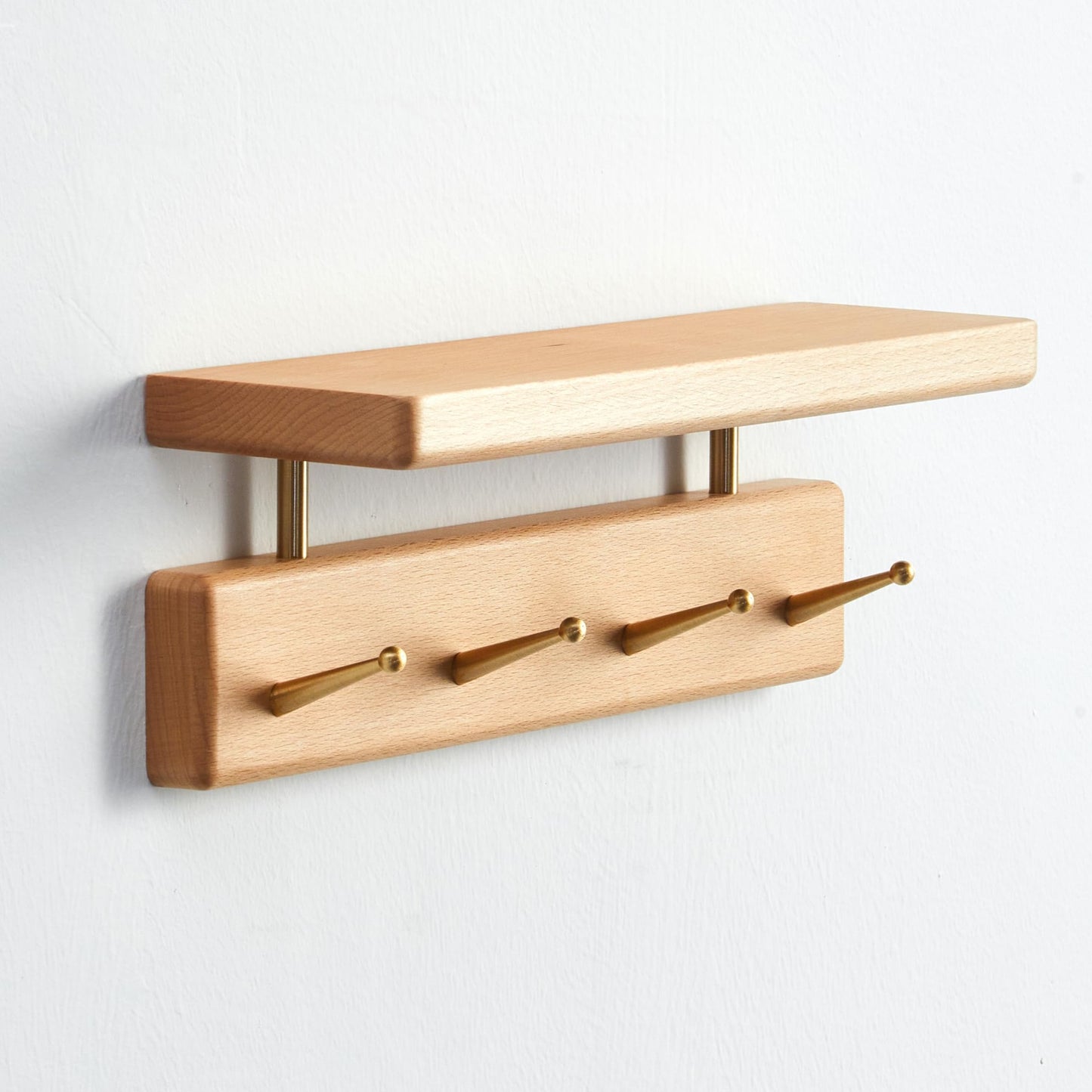 Mayhas Solid Wood Shelf with Hooks, 12 inch Coat Rack Wall Mount, Shelves with 4 Brass Hooks for Hanging in Entryway, Living Room, Bathroom, Bedroom, Kitchen(Beechwood)