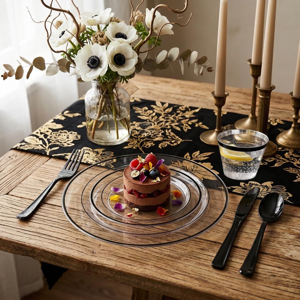 I00000 350 Pcs Black Plastic Dinnerware Set for 50 Guests Include: 50 Dinner Plates, 50 Dessert Plates, 50 Pre Rolled Napkins with Cutlery Set, 50 Cups for Birthday, Wedding Party Graduation