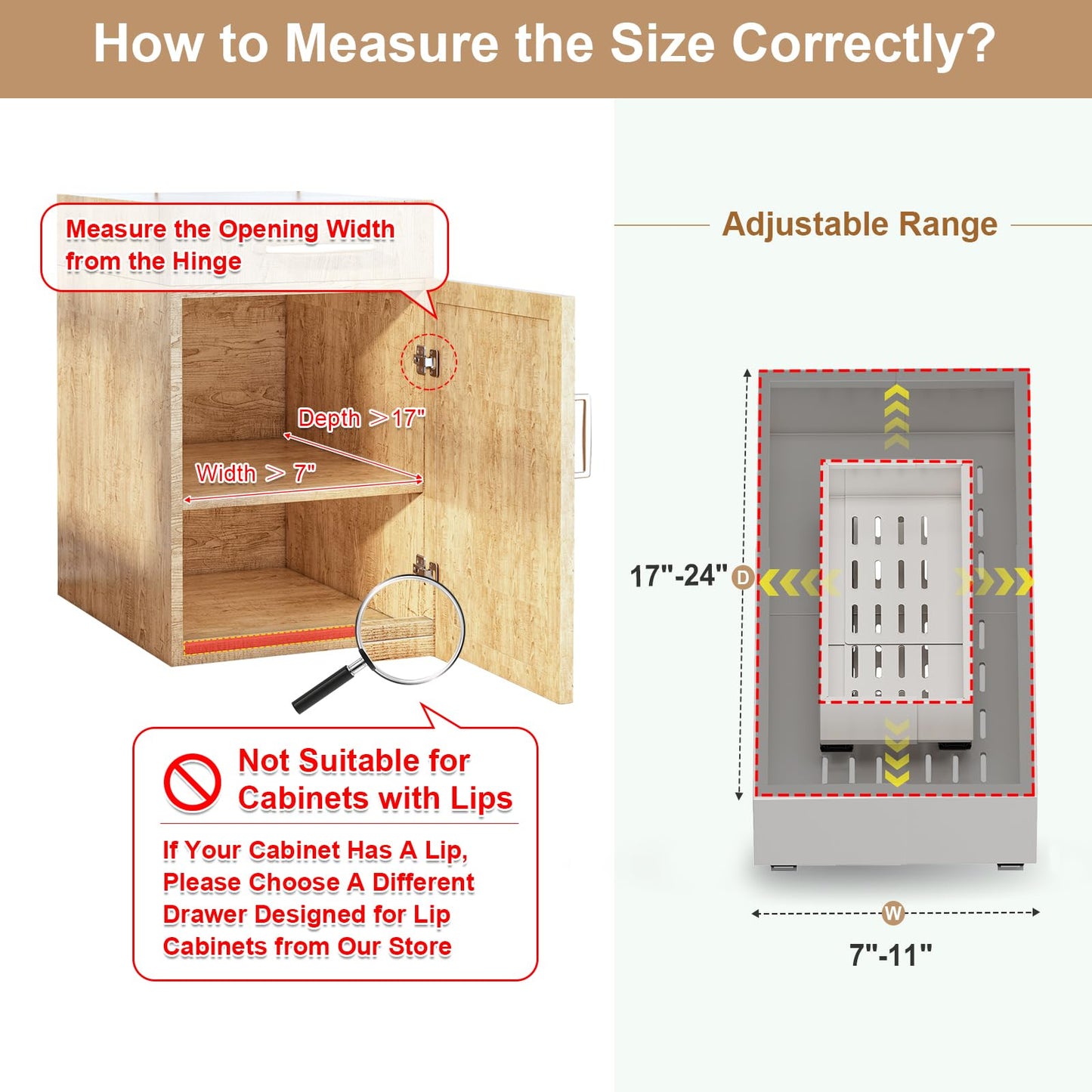 Pull out Cabinet Organizer,Width (7"-11") and Depth (17"-24") Expandable,No Drill Adjustable Slide out Drawers for Kitchen,Pantry,Adhesive Roll out Shelves,for Cabinets Without Lip,White
