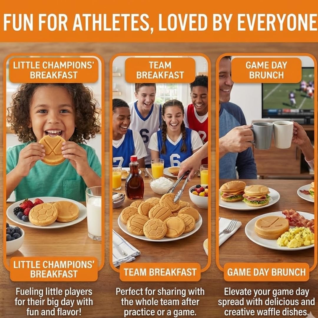 Sports Waffle Maker- Make Breakfast a Slam Dunk- Bakes 7 Themed Pancakes Including Football, Baseball, Basketball, Soccer, Tennis & More- Electric Nonstick Waffler w Recipes- Kids Team or Coach Gift