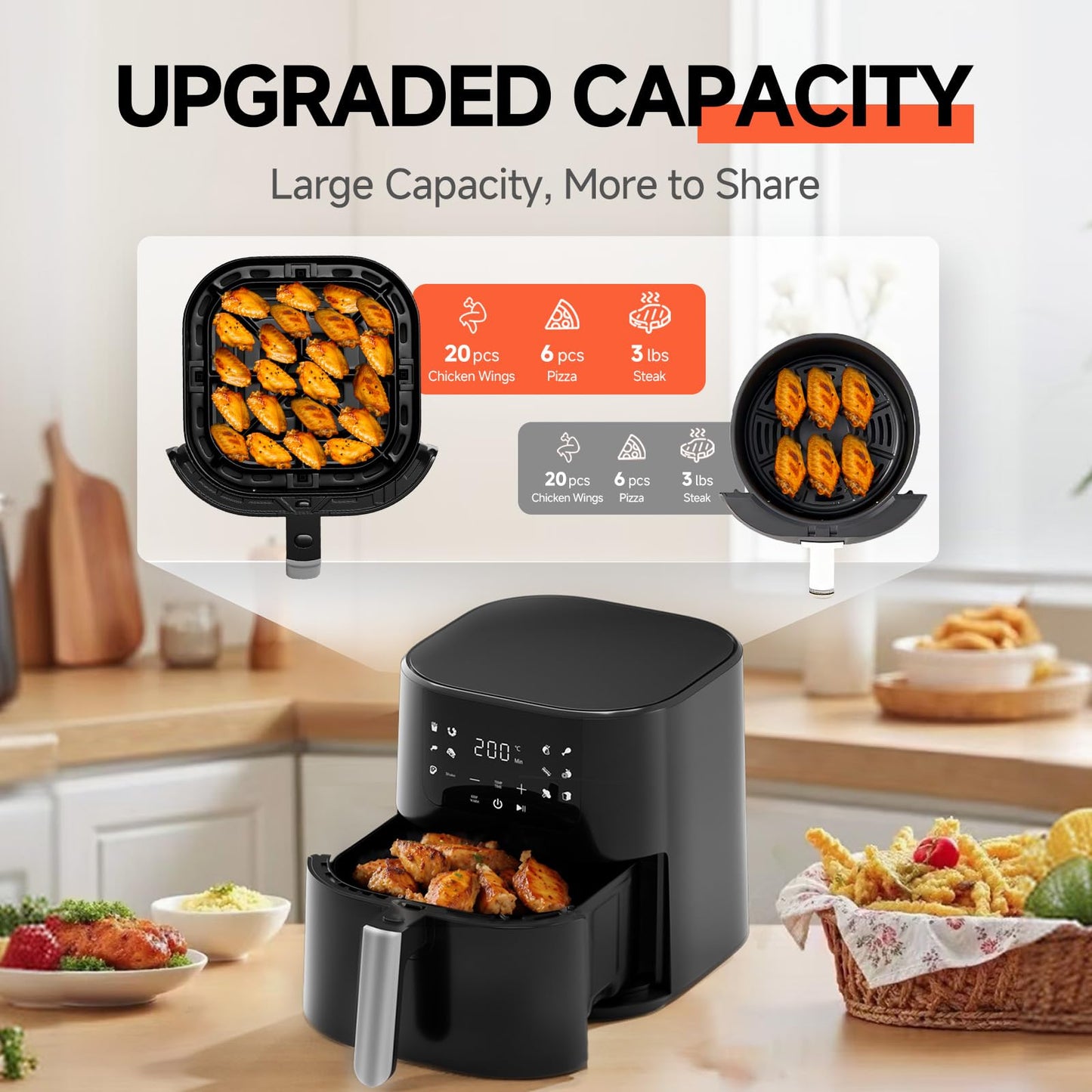 QIDO Air Fryer 8-in-1 with 5 QT Capacity,180°-450°F Precision Heating, Air Fry, Roast, Broil, Reheats, Dehydrates, Less Oil, Features Shake Reminder, Large Touch Display with Auto Menus, Dark Black