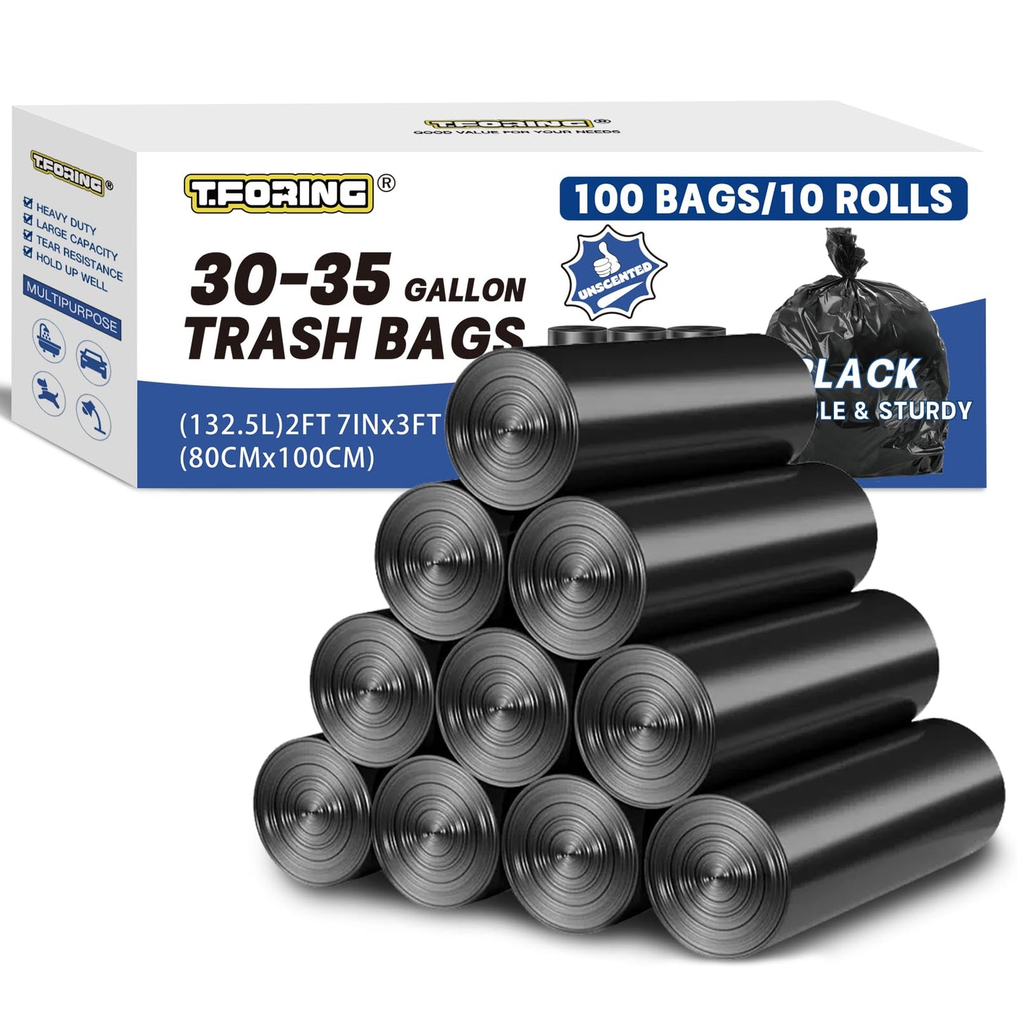 T.FORING 30-35 Gallon Trash Bags Heavy Duty 1.5 Mil - 31" x 39" 100 Count Large Black Garbage Bags 30+ Gallon Strong Plastic Trash Can Liners for Home Kitchen Commercial Lawn and Leaf
