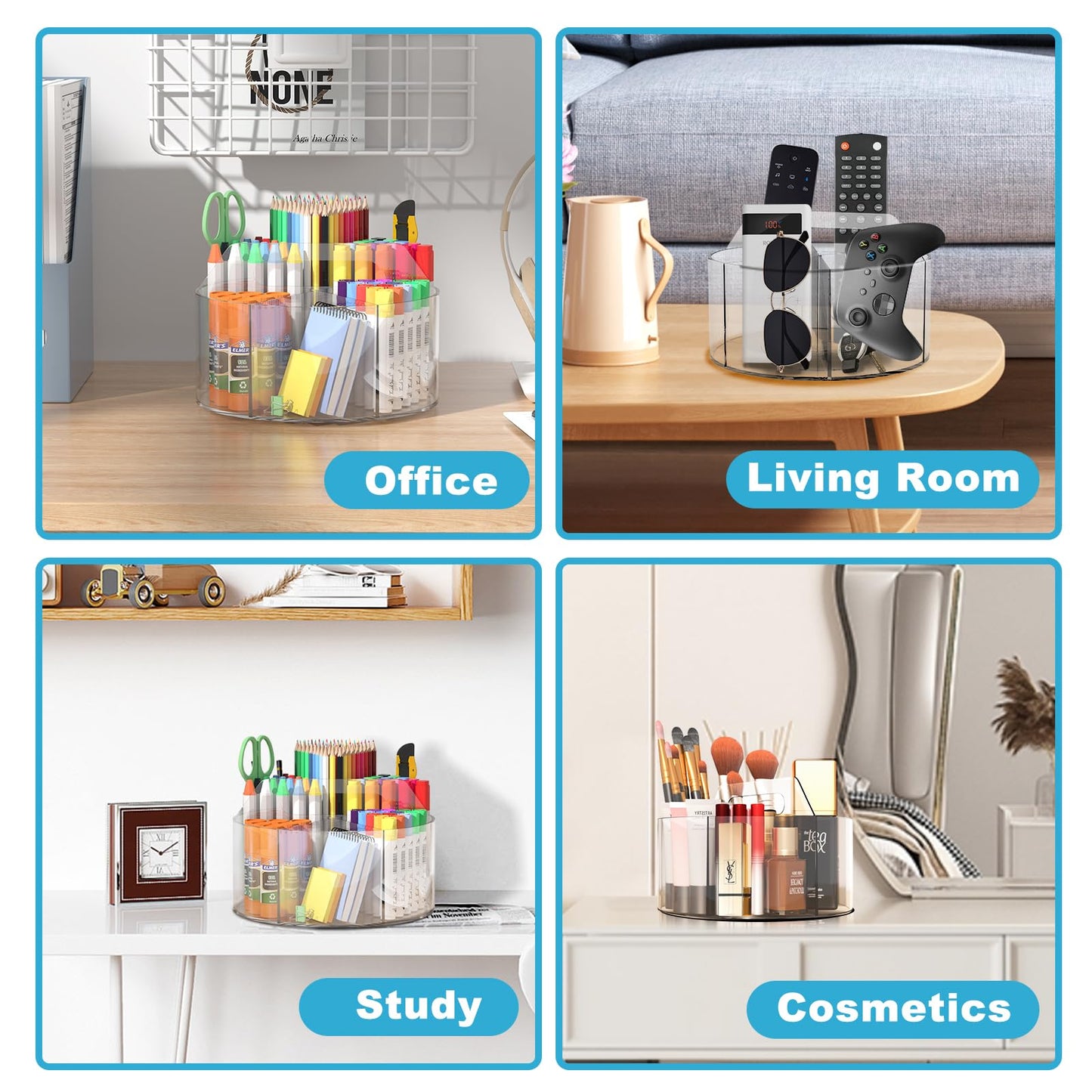 Acrylic Desk Organizer Clear Pen Holder 2 Packs, 360 Degree Pencil Holder for Desk Kids, Rotating Lazy Susan Organizer for School Supplies, Marker Holder Art Supply Storage Organizer with Dividers