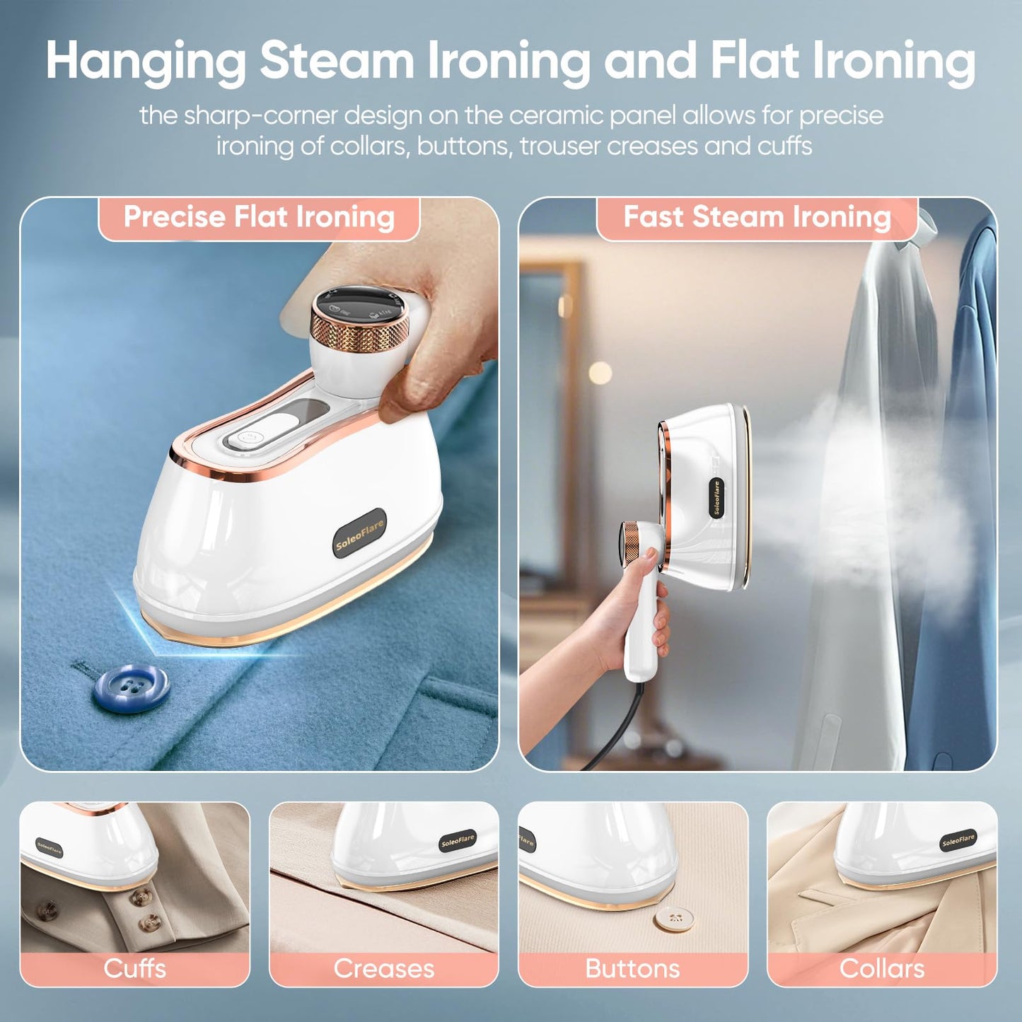 SoleoFlare Steamer for Clothes & Iron 2in1, 1200W Travel Steam Iron, 5 Modes LCD, 180ml for 20 Min Steam, UL 141 Tests Passed, White, 120V