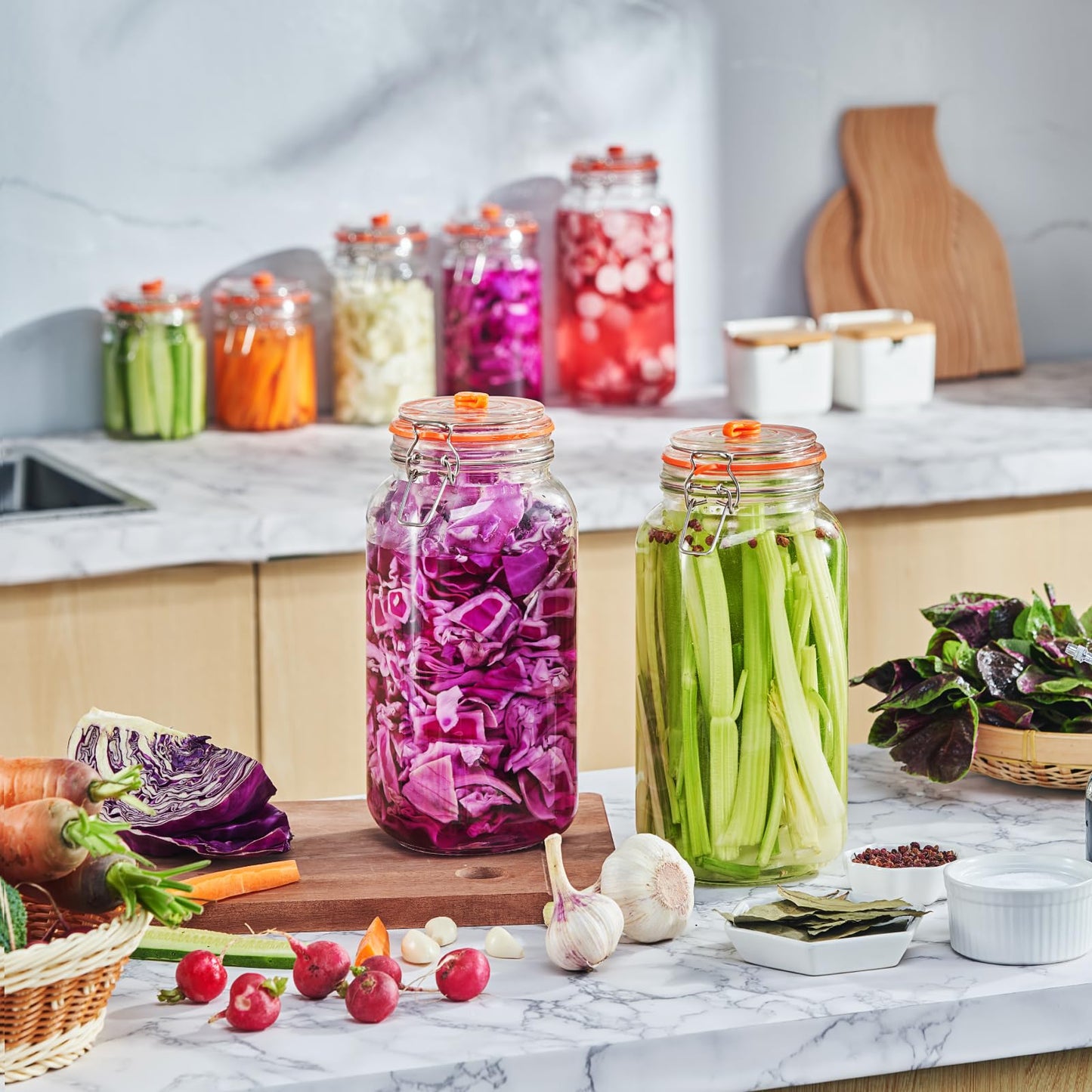 JILLMO Wide Mouth Glass Fermentation Jar with Airlock & Glass Weight, 2L (64oz) Fermenting Jar for Sauerkraut, Kimchi, Pickles & More,Pack of 2