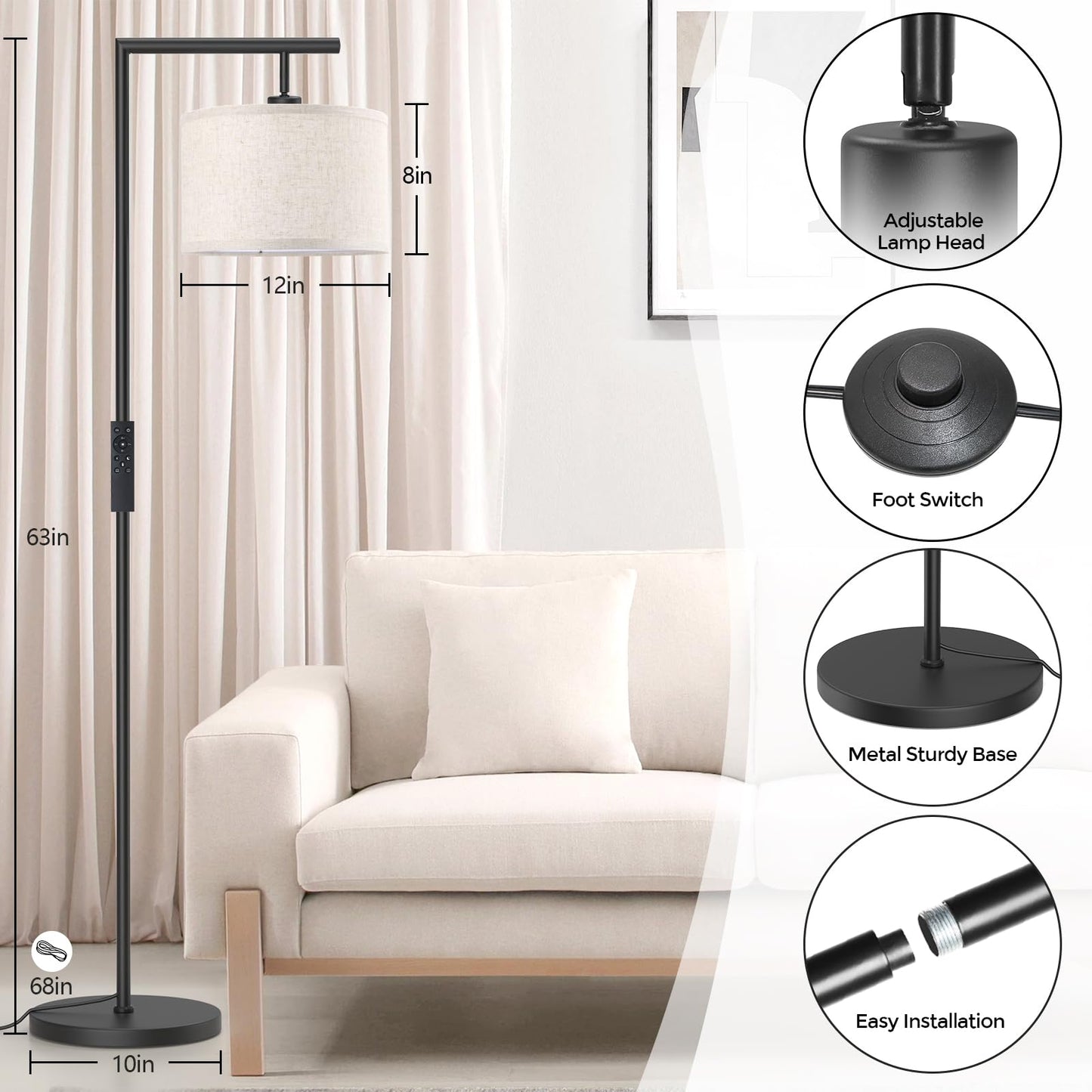 CNXIN Floor Lamps with Remote Control and Stepless Dimmable Color Temperature and Brightness Standing Lamp with Adjustable Beige Linen Lampshade Pole Lamp for Bedroom Office, 9W Bulb Included, Black