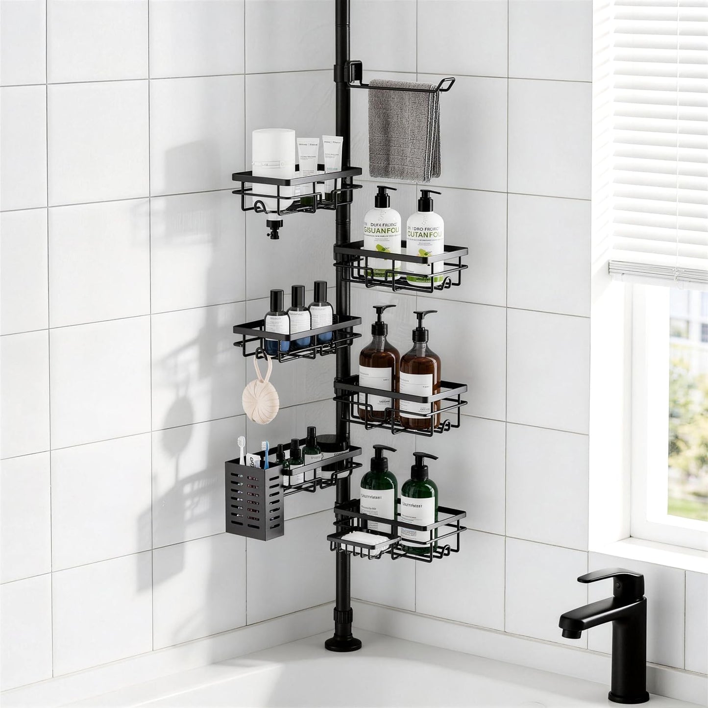 Shower Caddy Organizer Tension Pole, Rustproof 6-Pack Corner Shelf with 30-120 Inch Adjustable Shower Rack for Inside Shower, Extra Towel Bar & Soap Dish for Bathroom Organizers and Storage, Black