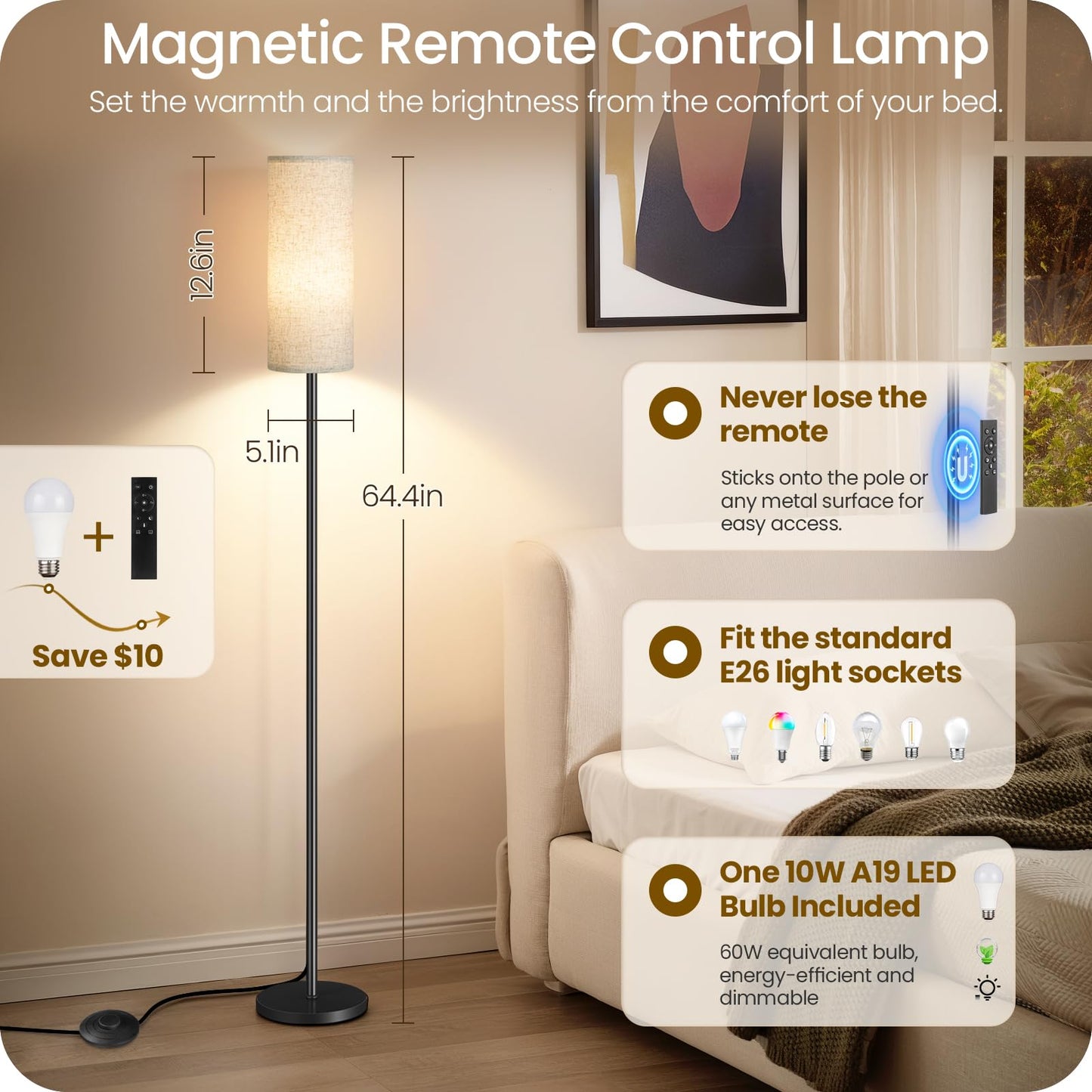 GOEBLESON Set of 2 Dimmable Floor Lamps for Living Room with 2 Remotes and Foot Switch, 64.4”Modern Standing Tall Lamp, Corner Lamp for Bedroom, Bulb Included, 3000K-6500K, Beige Shade E06LDP205W1