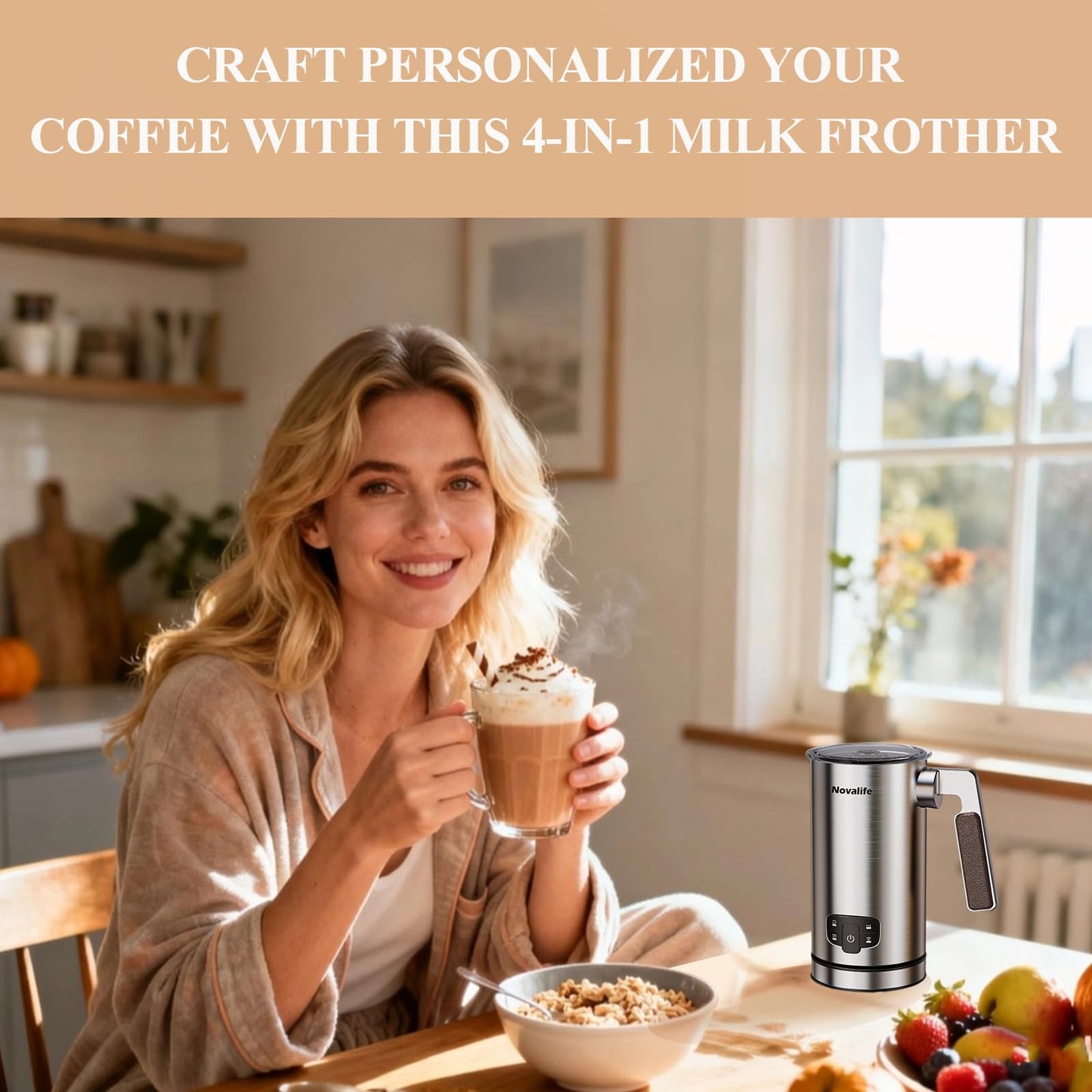 Novalife Milk Frother, 4 in 1 Milk Frother and Steamer with Two Whisks, Frothing Whisk and Heating Whisk, Automatic Warm and Cold Foam Maker for Coffee Latte Cappuccino Macchiato Hot Chocolate Matcha