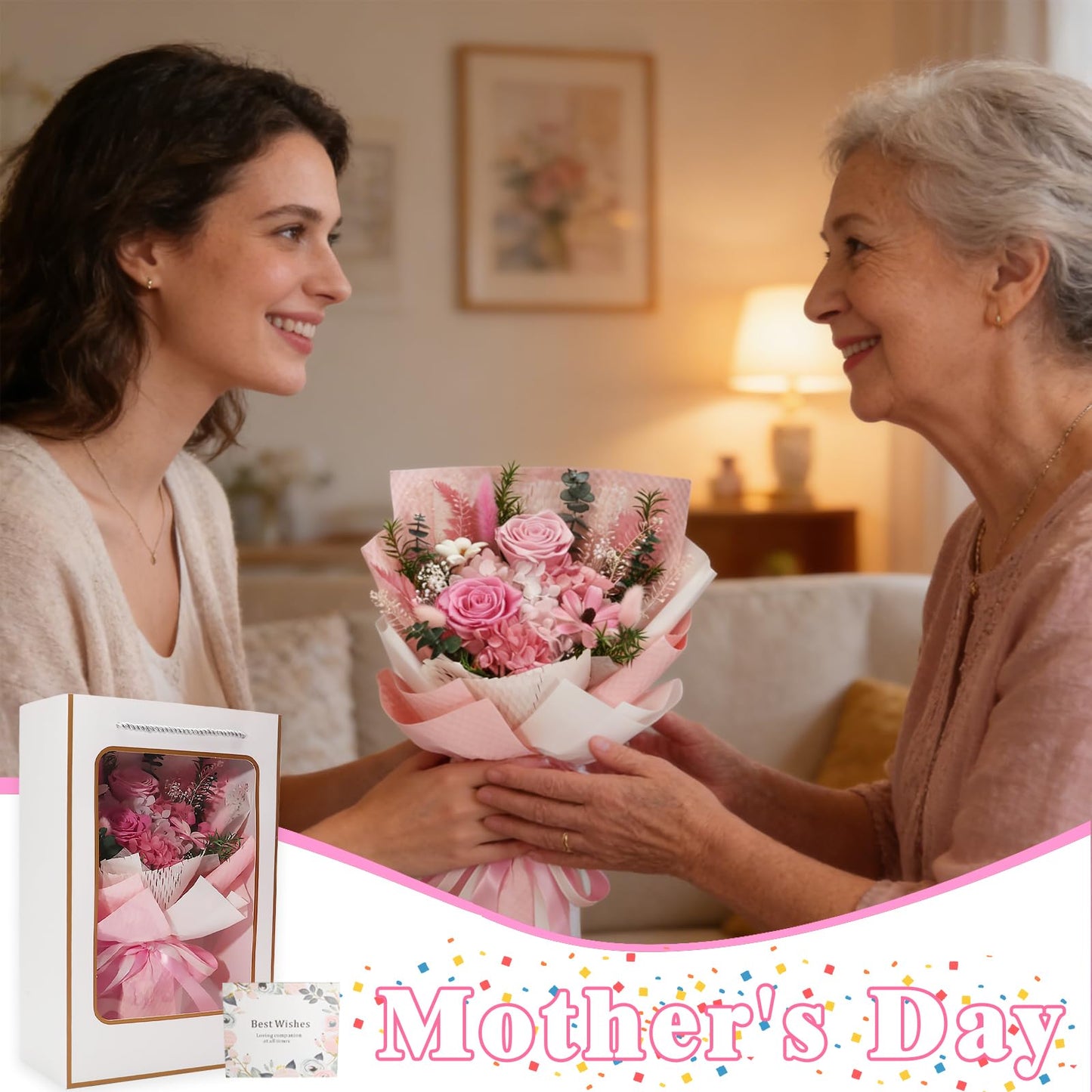 Preserved Flowers Bouquet-Pink Forever Flowers For Delivery Prime, Ideal Anniversary Valentine Gifts for Women Mother Wife Grandma