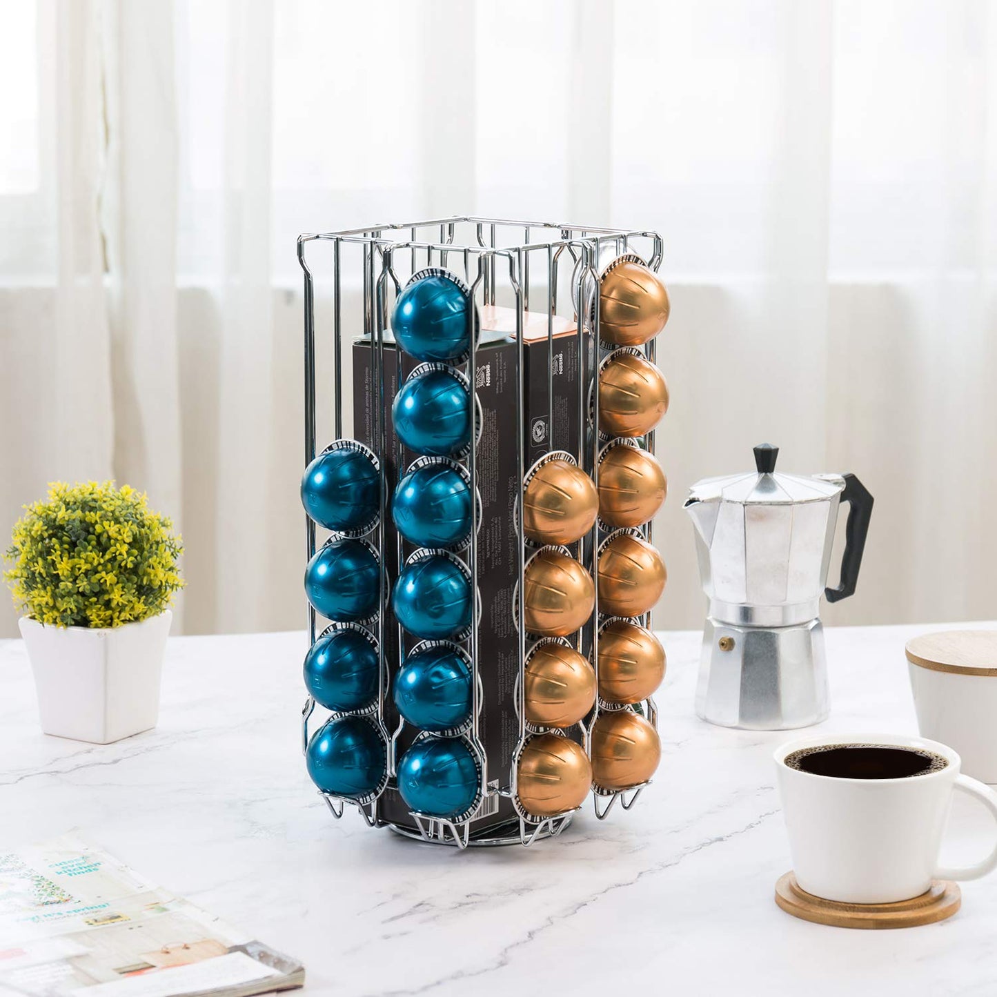 MyGift 48 Pod Stainless Steel Silver Metal Coffee Pod Holder Storage Organizer Stand with 360 Degree Rotating Carousel with Sleeve Storage Compartment, Compatible with Nespresso Vertuo Capsule