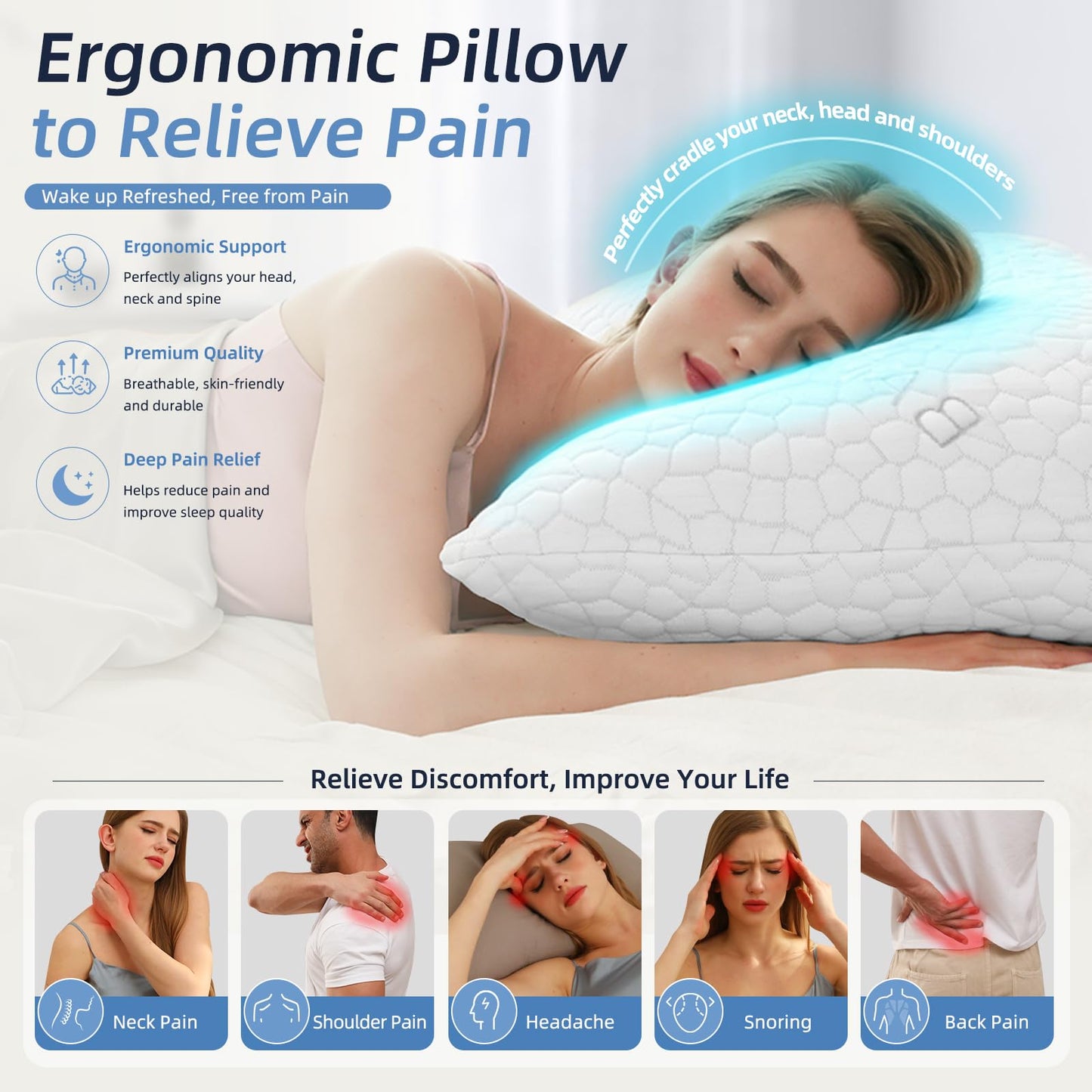 Yettbea Adjustable Shredded Memory Foam Pillows Queen Size Set of 2, Luxury Bamboo Cooling Pillow w/Washable Zippered Cover, Soft or Firm Support Bed Pillow for Side, Back, Stomach Sleeper